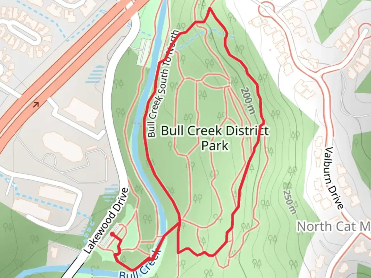An image depicting the trail Bull Creek District Park Loop - Lakewood Drive and its surrounding area.