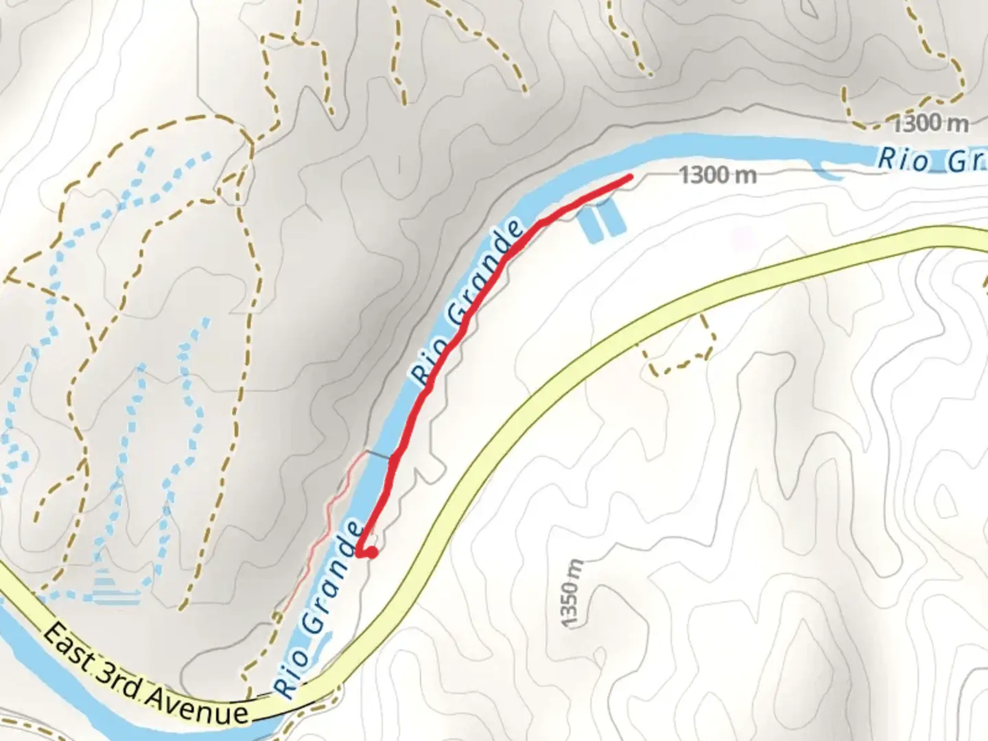 An image depicting the trail Paseo del Rio Trail from East 3rd Avenue and its surrounding area.