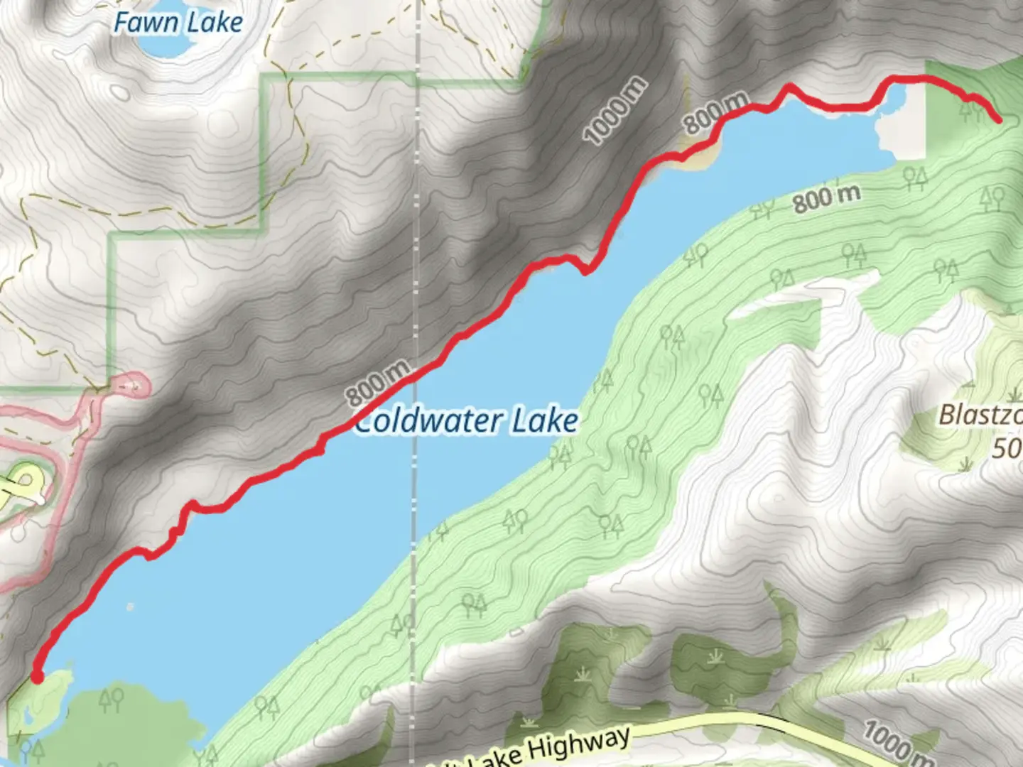 An image depicting the trail Coldwater Lake North Shore Walk and its surrounding area.