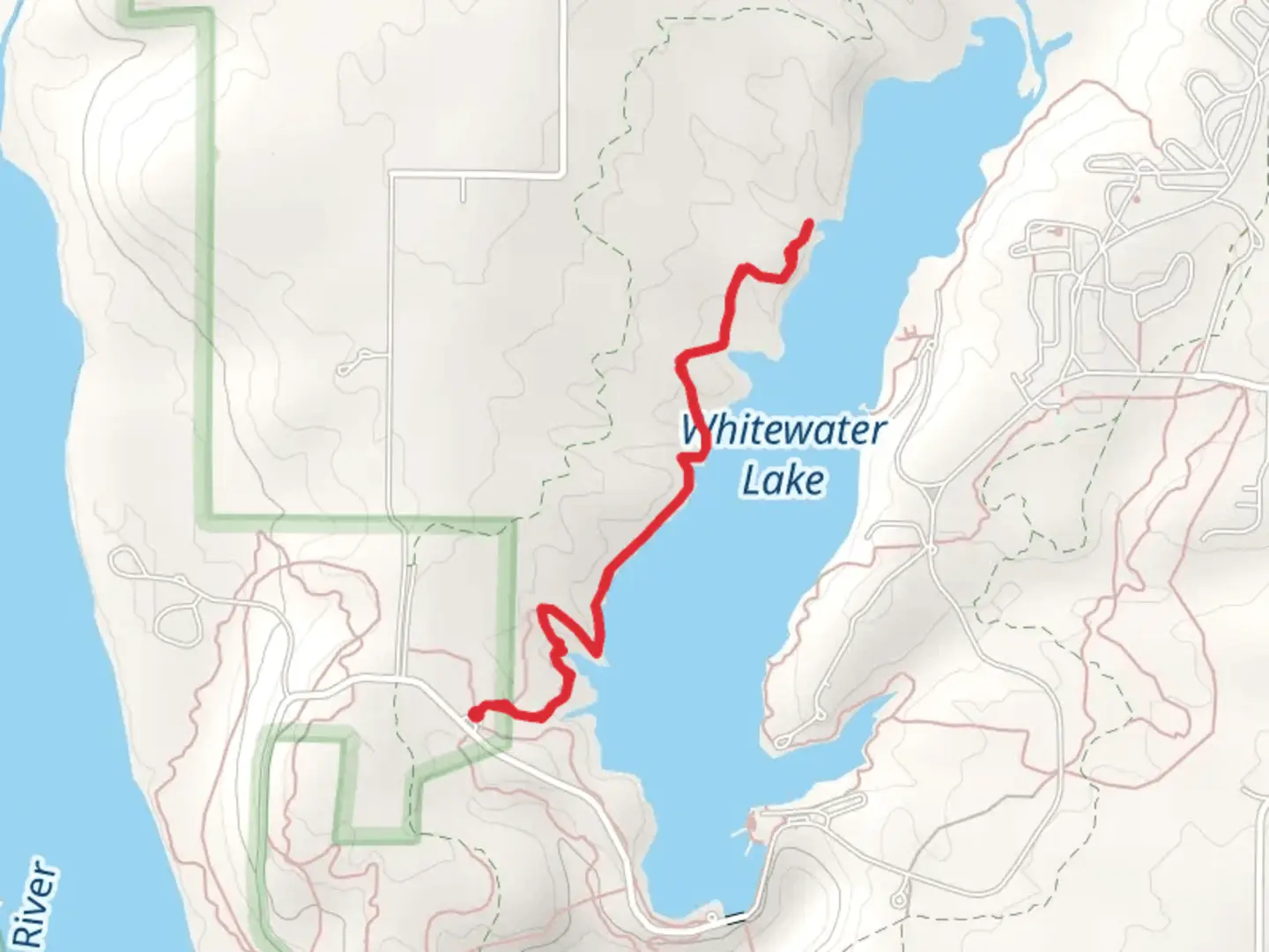 An image depicting the trail Whitewater Lake - Lakeshore Trail and its surrounding area.