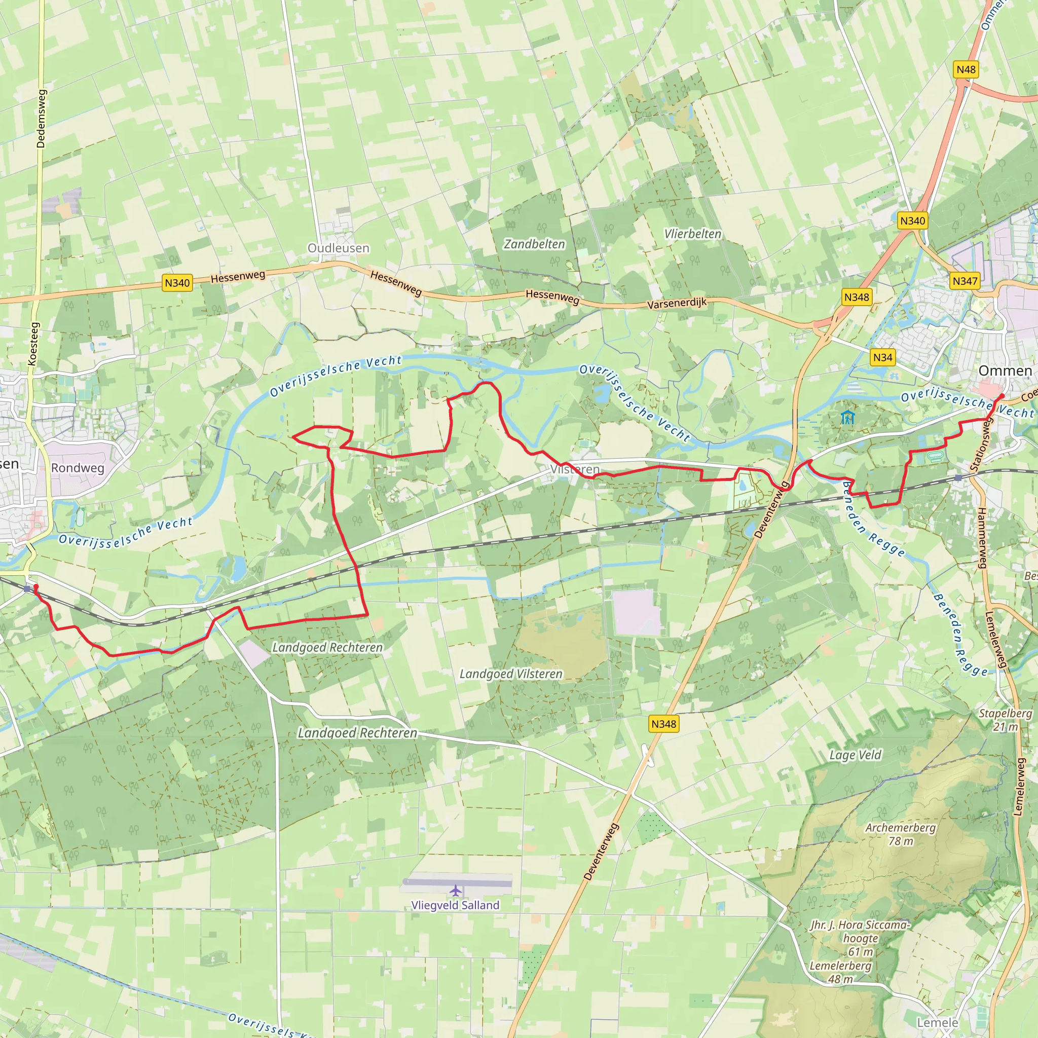 Ommen to Dalfsen via Koesteeg, Vilsterse Weg and Stuwepad mobile static map