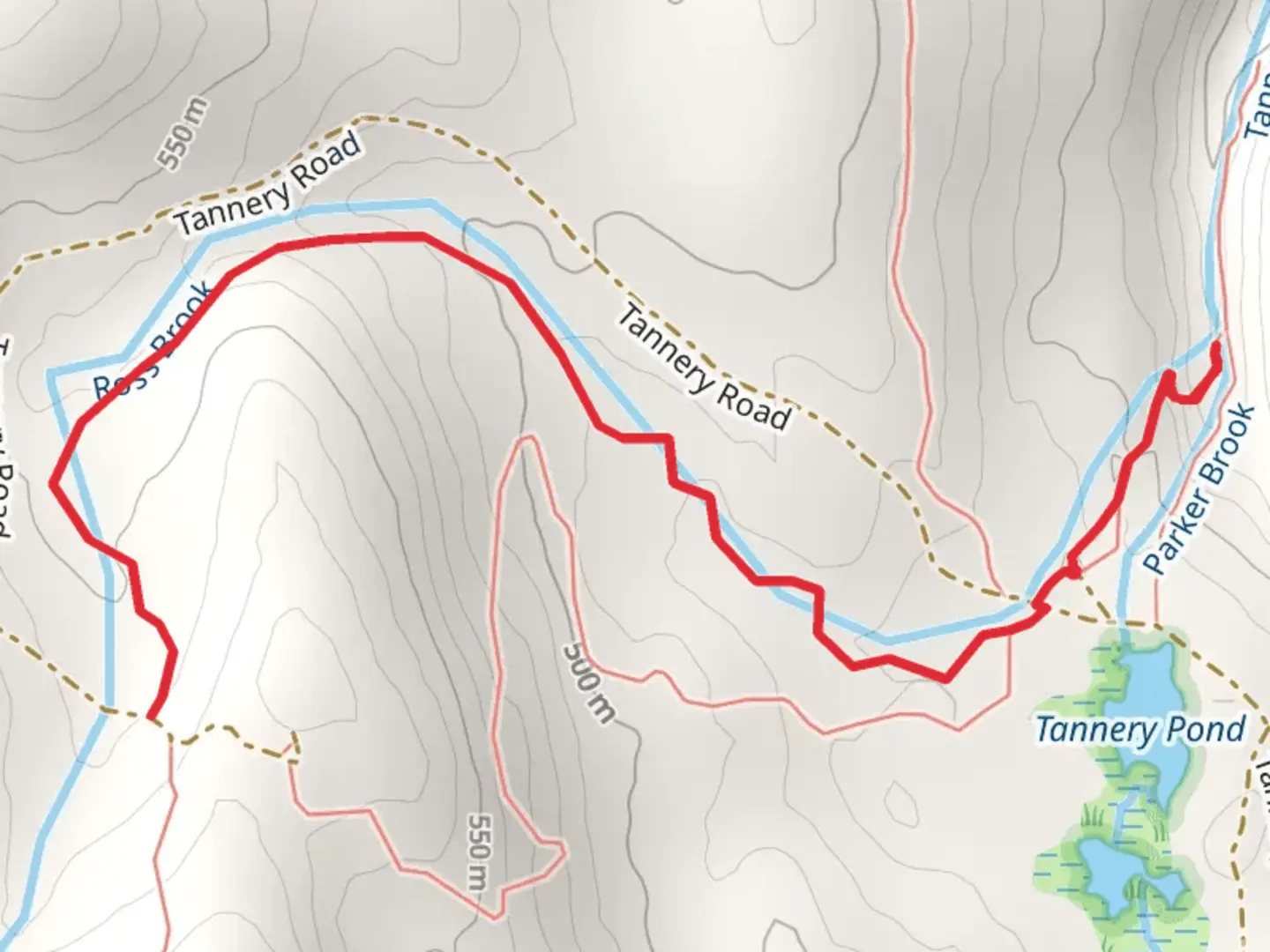 An image depicting the trail Ross Brook Trail from Tannery Pond and its surrounding area.