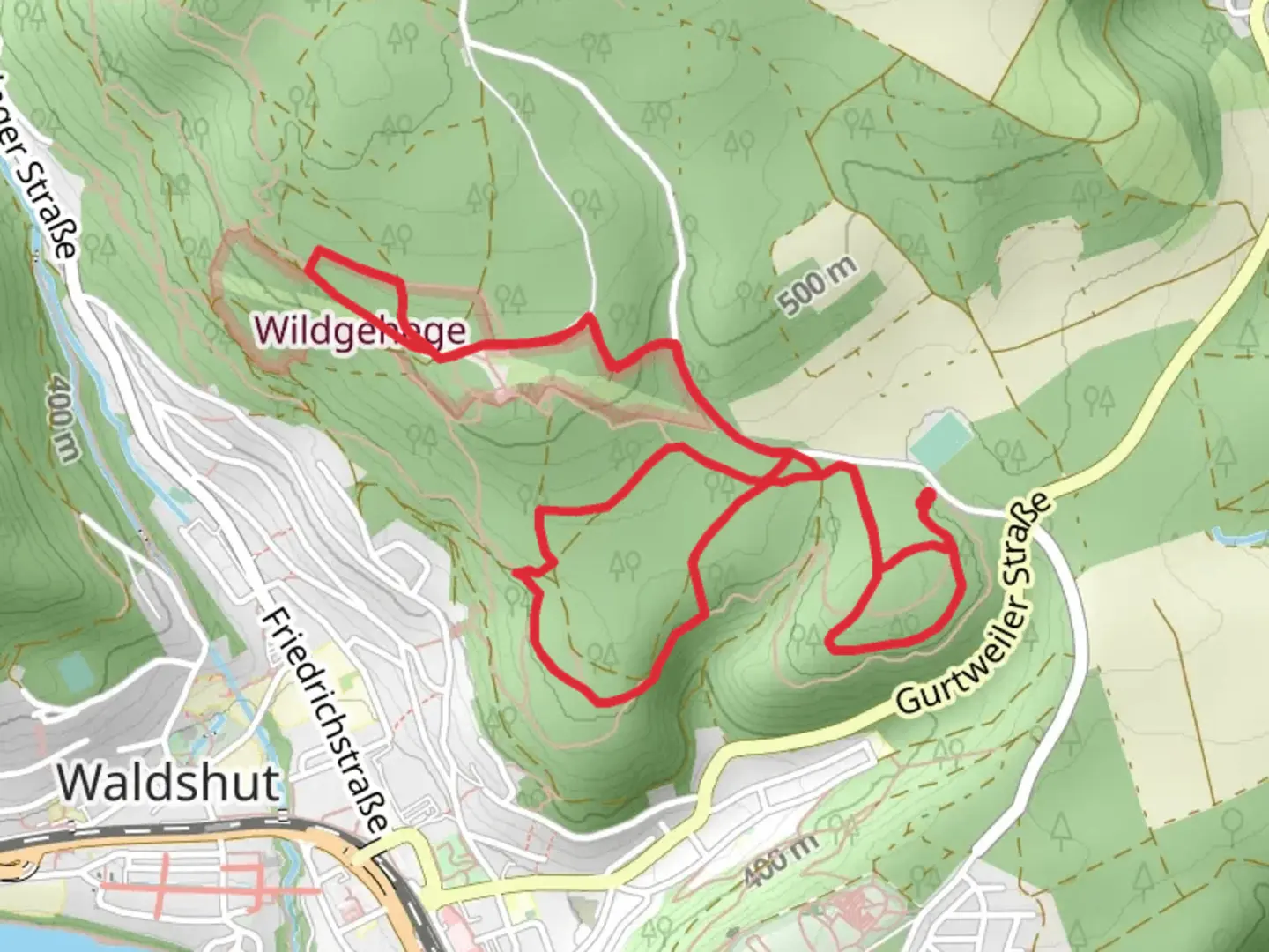 An image depicting the trail Trimmpfadweg and Wolfssteig Loop and its surrounding area.