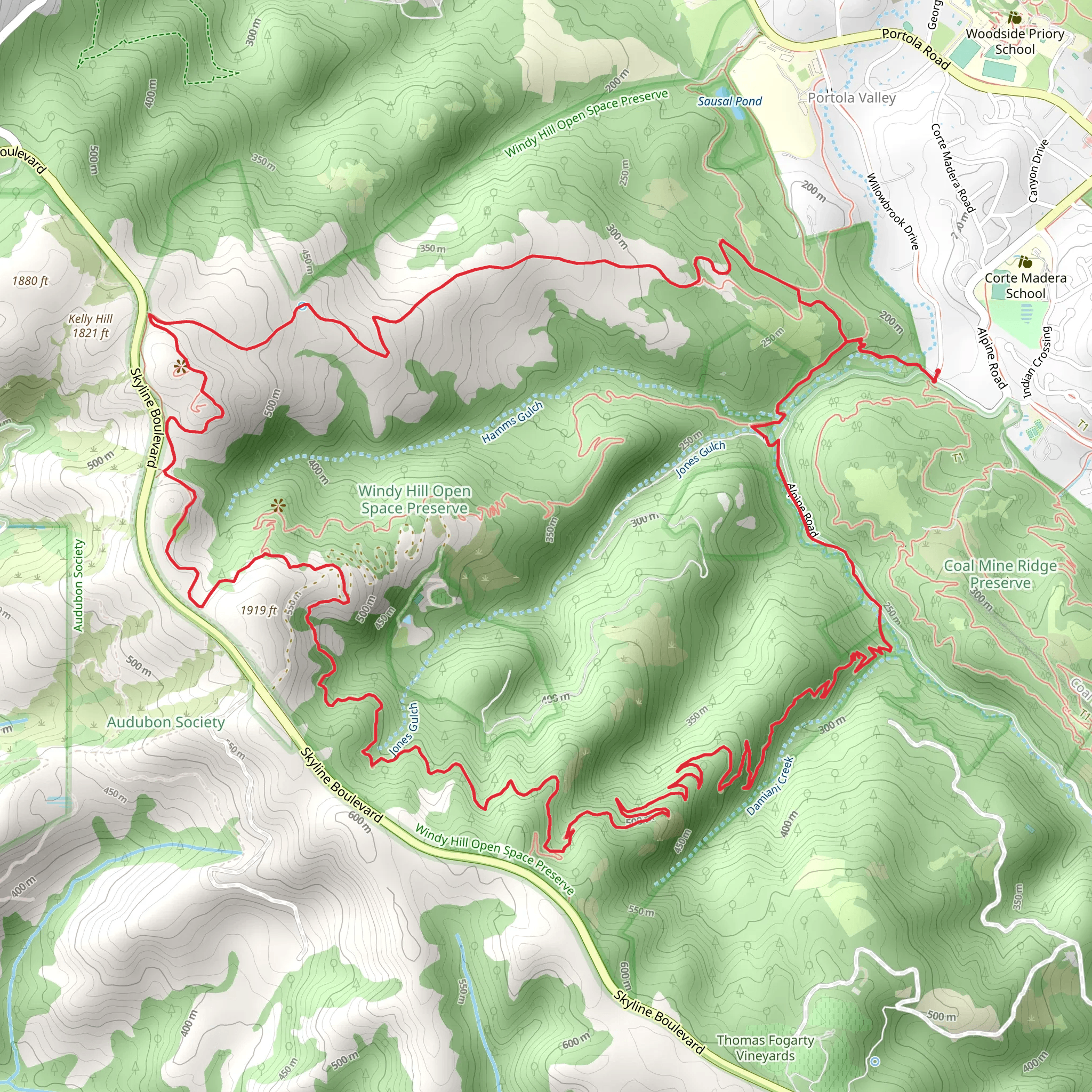 Windy Hill Loop via Lost Trail and Razorback Ridge Trail mobile static map