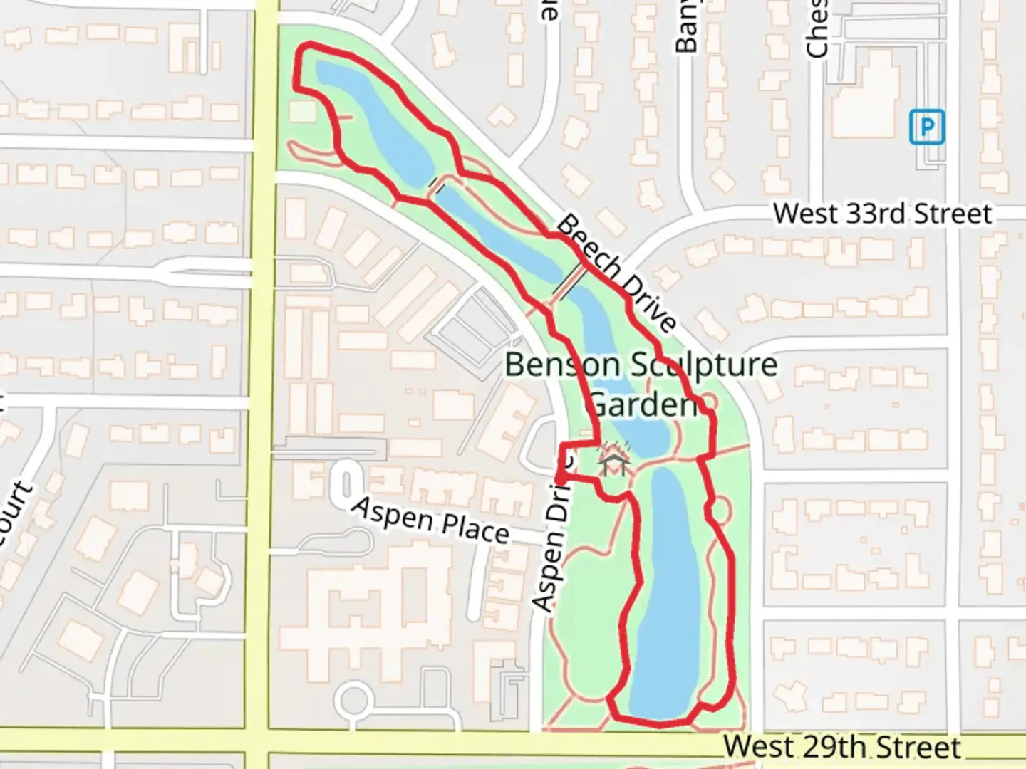 An image depicting the trail Benson Sculpture Garden Loop and its surrounding area.
