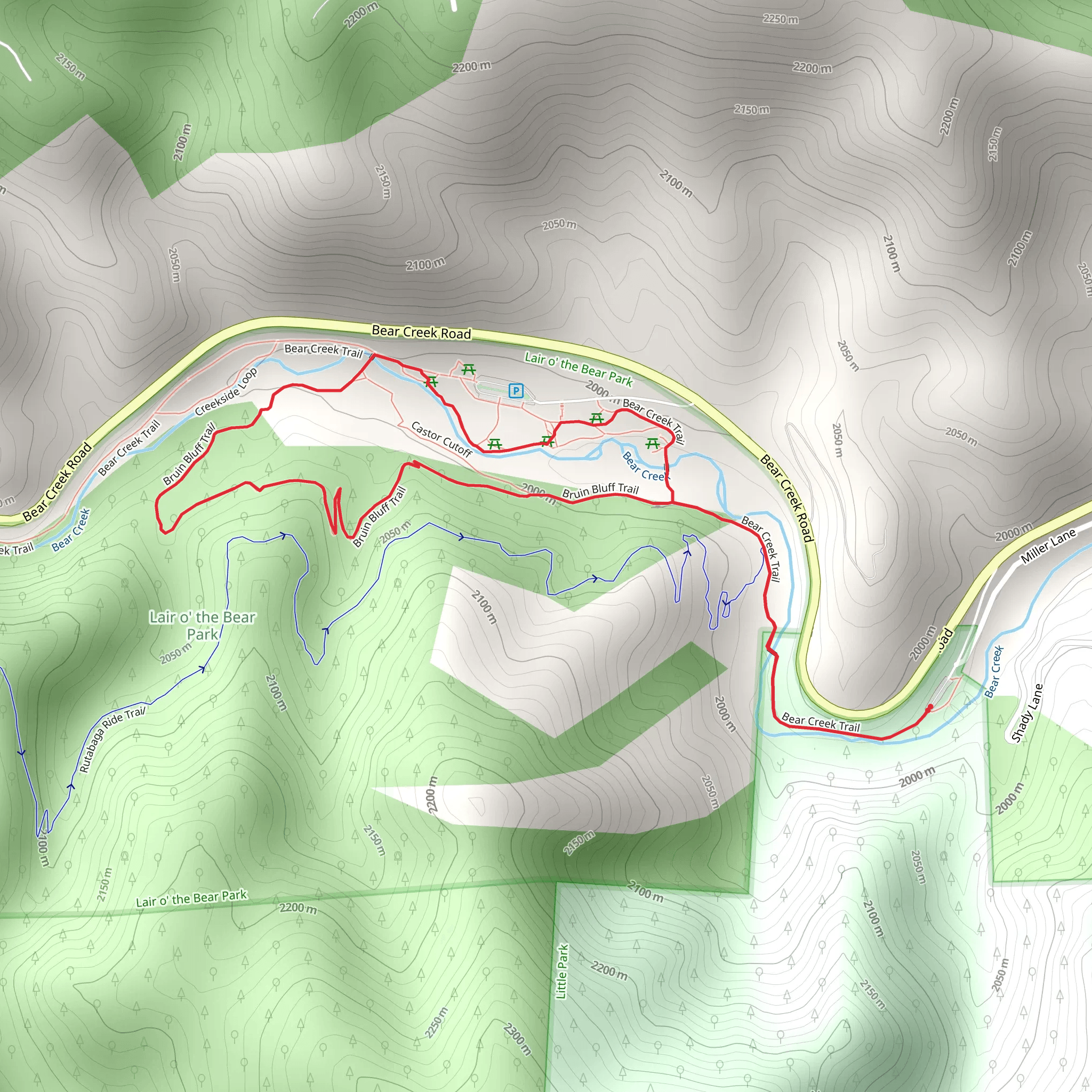 Bear Creek, Bruin Bluff and Creekside Loop Trail mobile static map