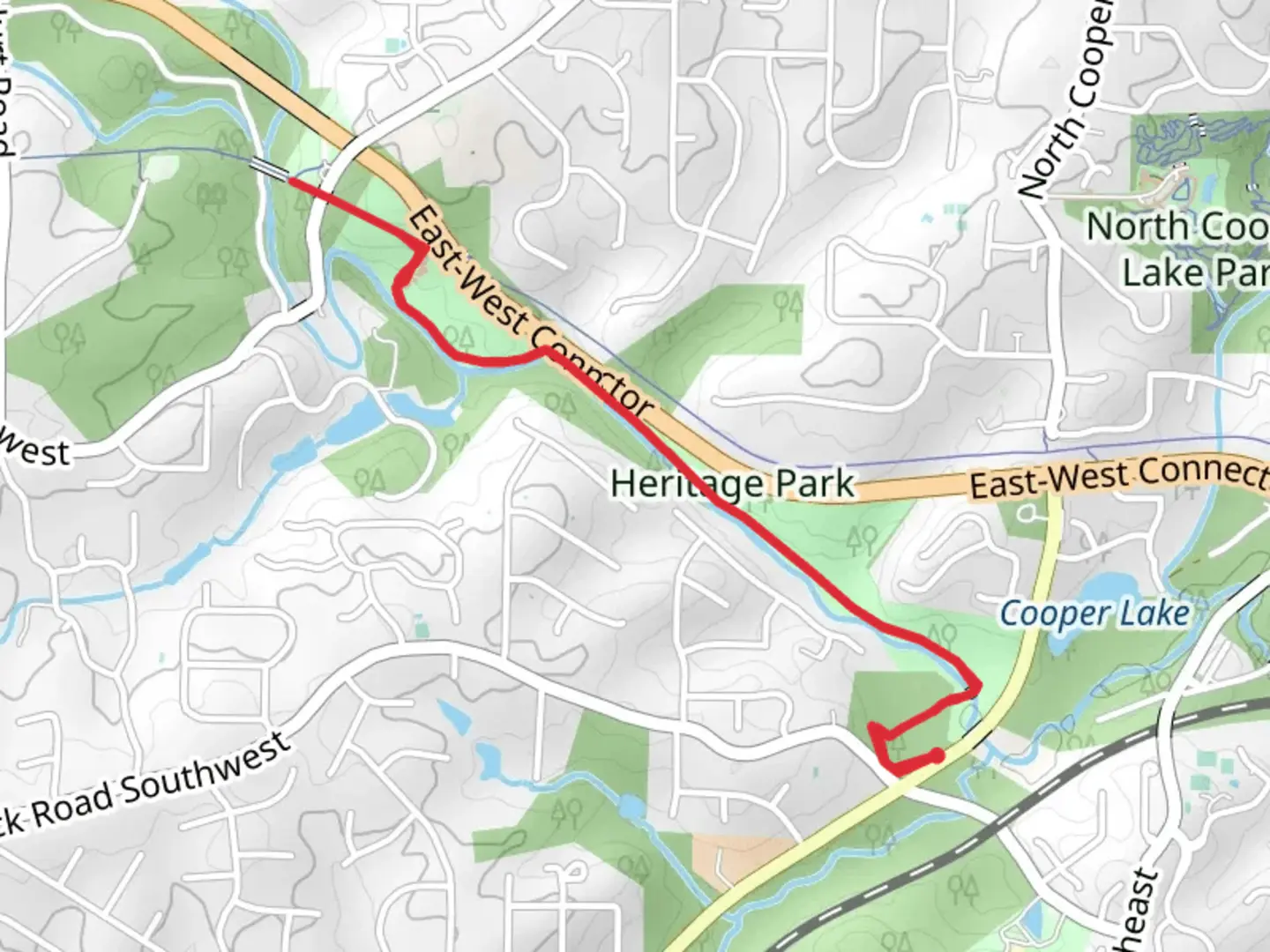 An image depicting the trail Heritage Park Trail and Silver Comet Trail and its surrounding area.