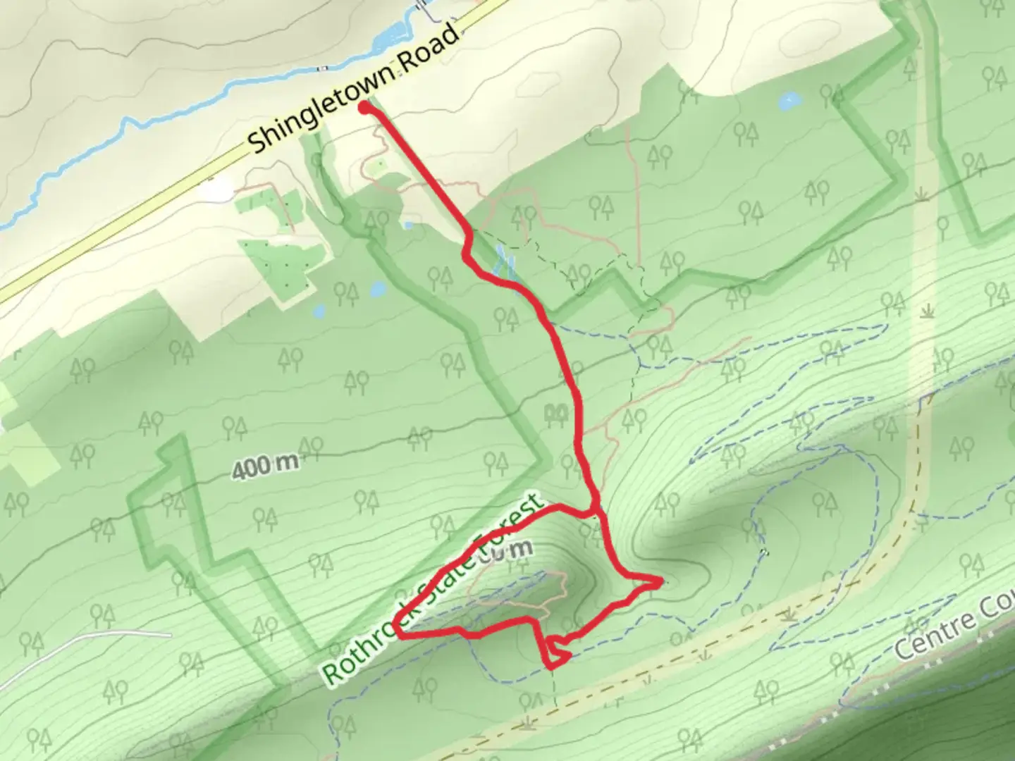 An image depicting the trail Musser Gap via Ruby Ridge Trail and its surrounding area.