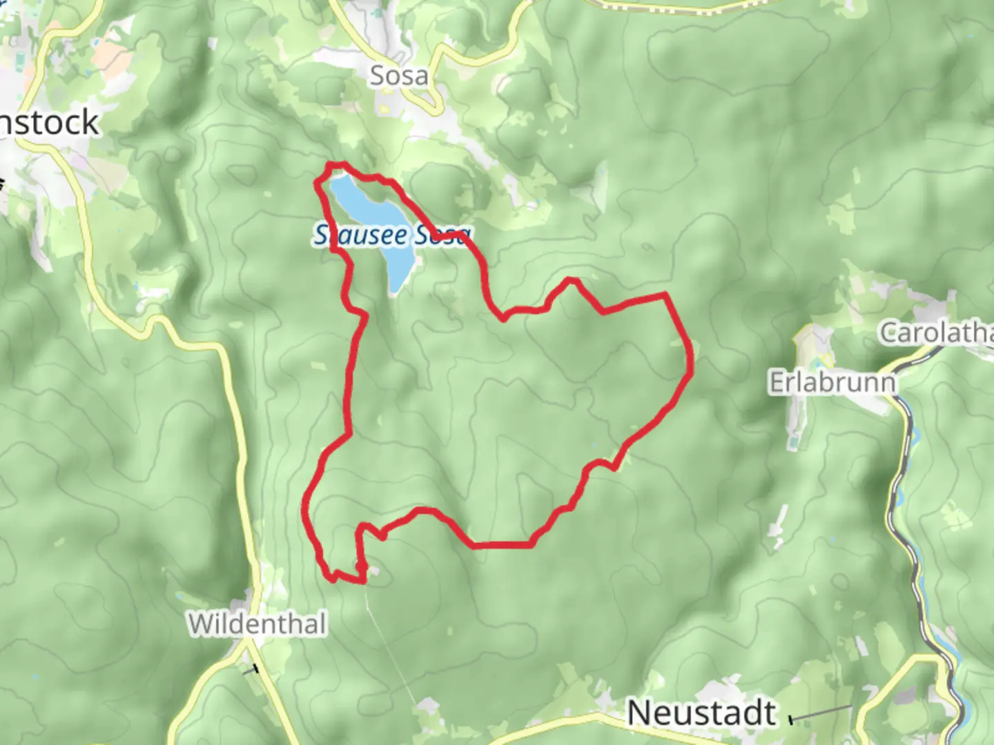 An image depicting the trail Auersberg, Talsperre Sosa and Eselsberg loop and its surrounding area.