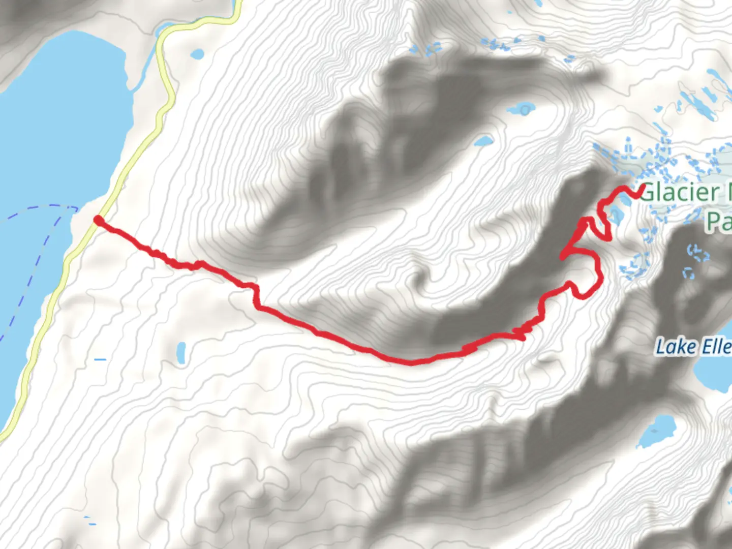 An image depicting the trail Akaiyan Lake, Feather Woman Lake via Gunsight Pass and its surrounding area.
