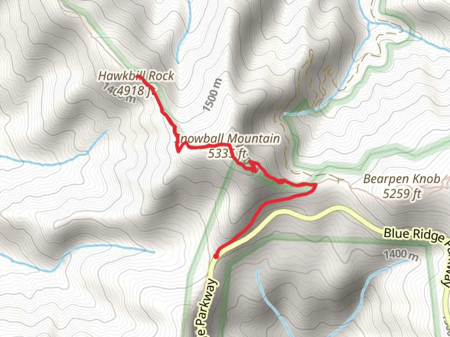 An image depicting the trail Hawkbill Rock and Snowball Mountain via Mountains-to-Sea Trail - South and its surrounding area.