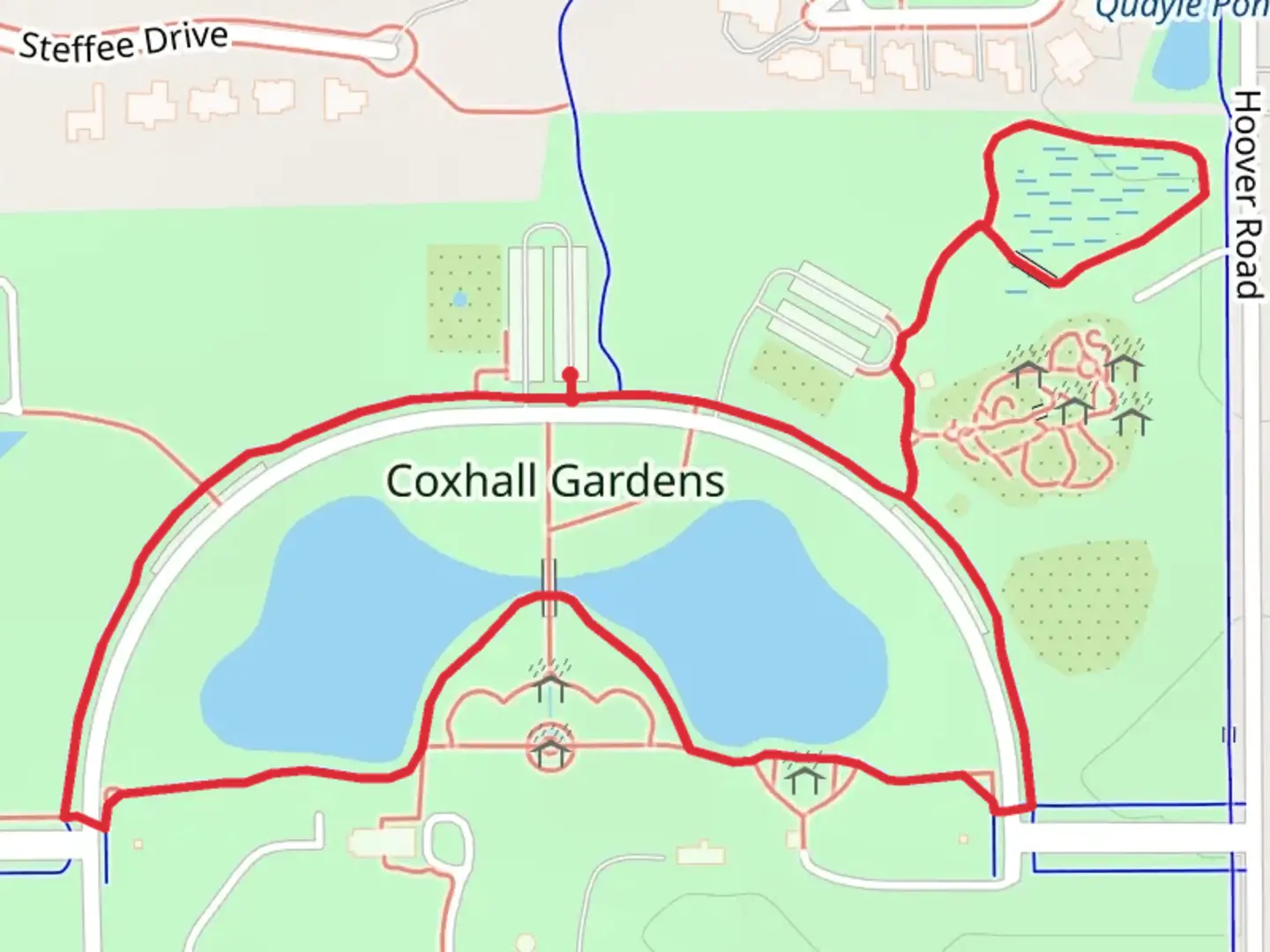 An image depicting the trail Coxhall Gardens and Quilt Garden Loop and its surrounding area.