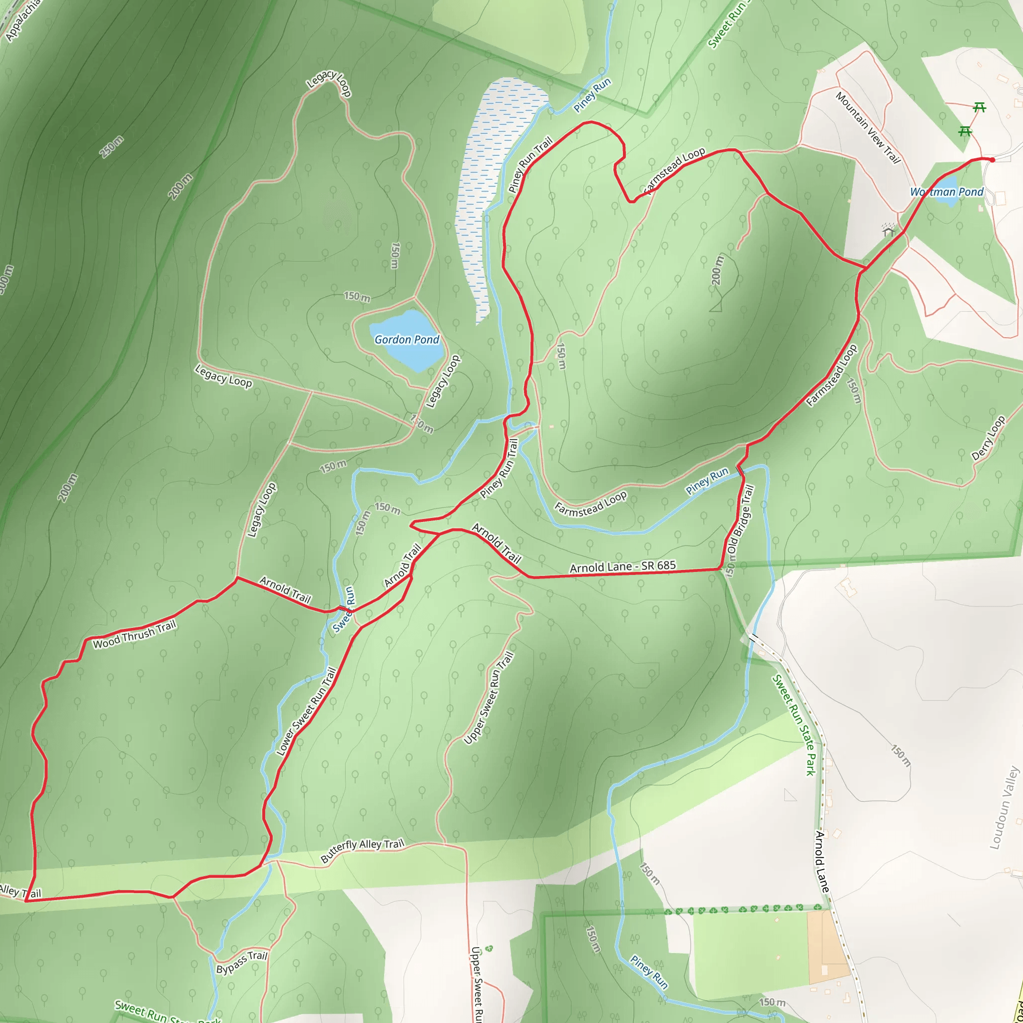 Piney Run Spur, Wood Thrush and Old Bridge Loop Trail mobile static map