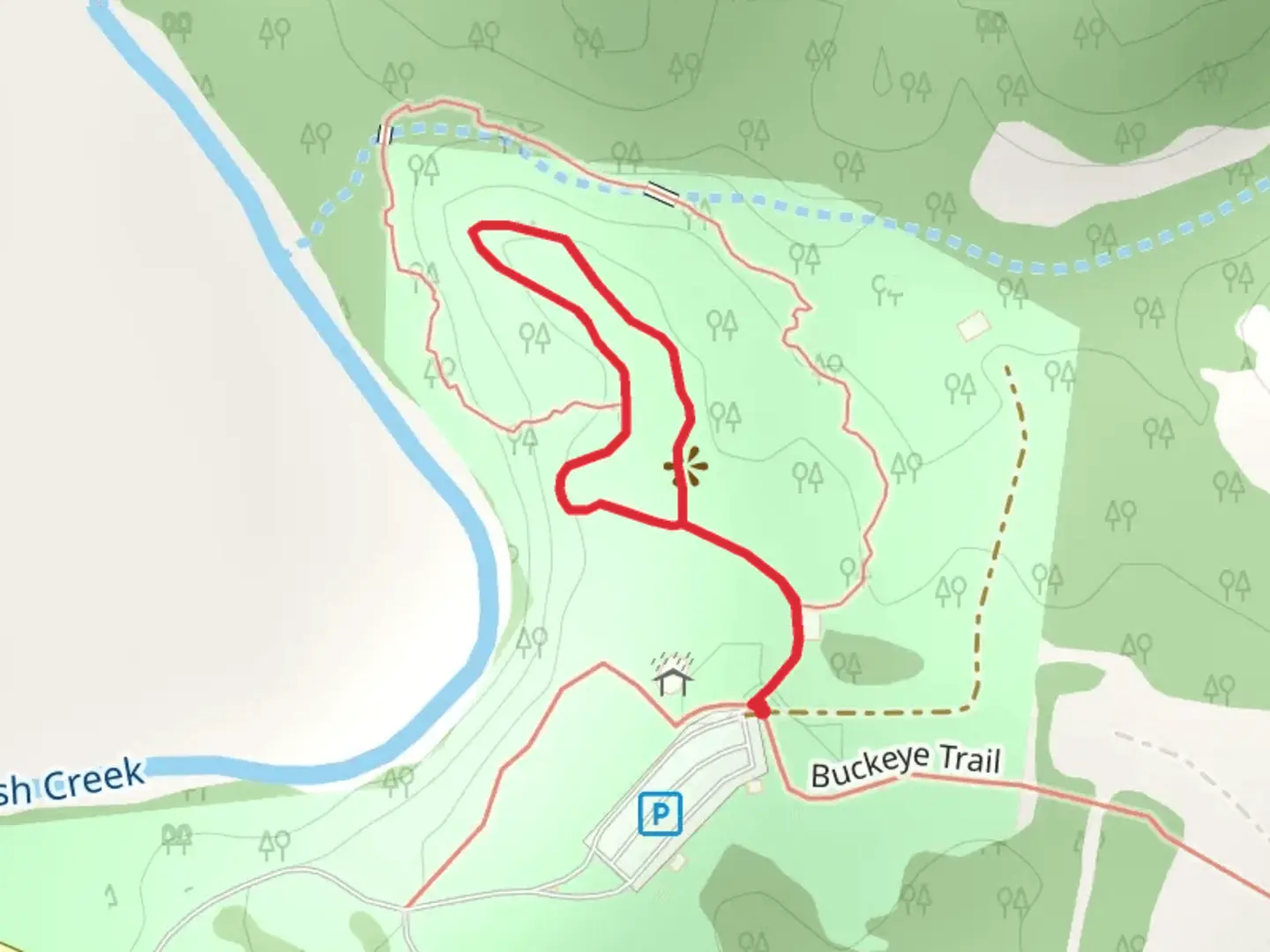 An image depicting the trail Serpent Mound Park Loop and its surrounding area.