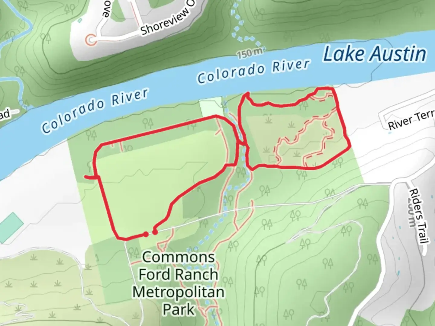 An image depicting the trail Colorado River and Commons Ford ranch Metropolitan Park Loop and its surrounding area.