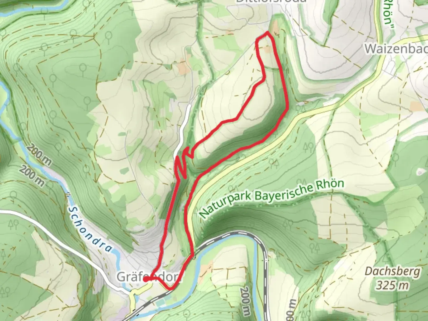 An image depicting the trail Rhoenrundweg Wartmannsroth and its surrounding area.