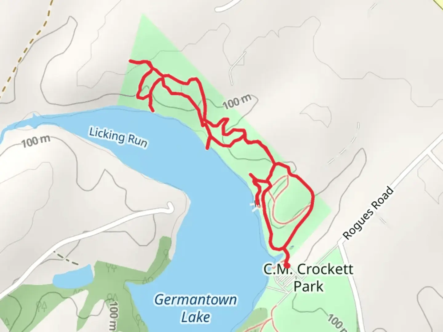 An image depicting the trail Germantown Lake - Red and Blue Loop Trail and its surrounding area.