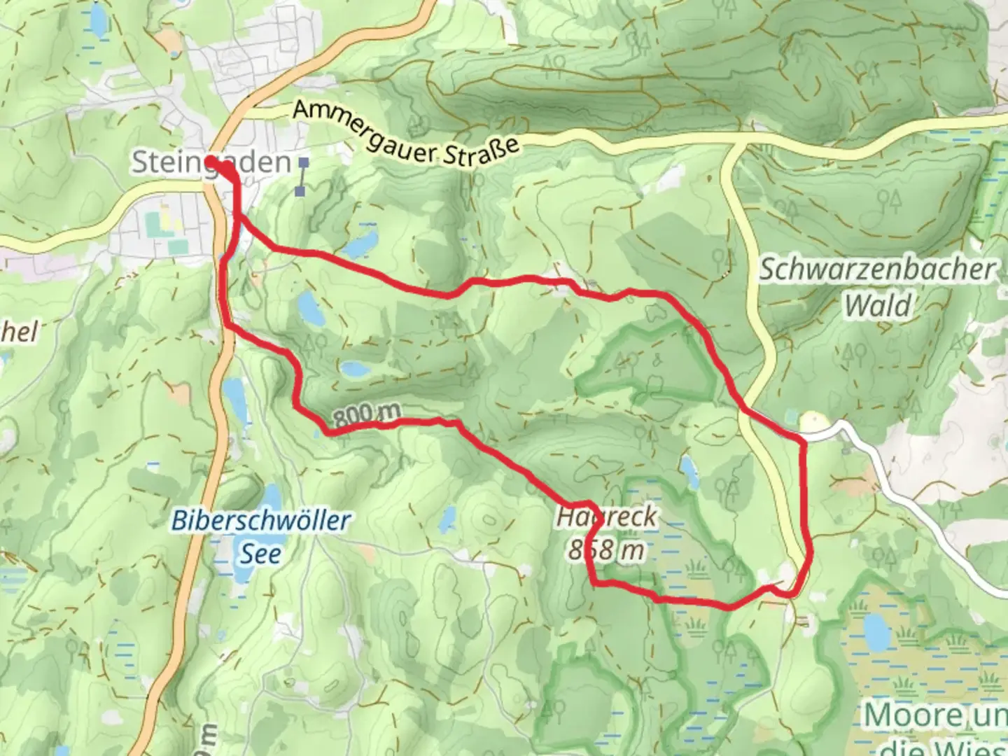 An image depicting the trail Haareck via Schlögelmühlstraße and ST2 Brettleweg and its surrounding area.