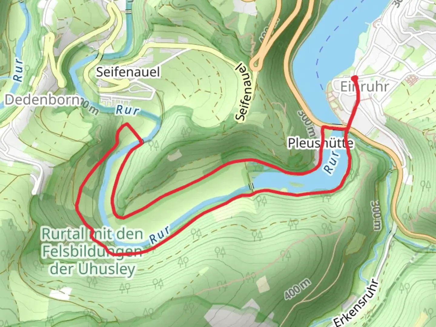 An image depicting the trail Rur Loop via Rur Panoramaweg and its surrounding area.