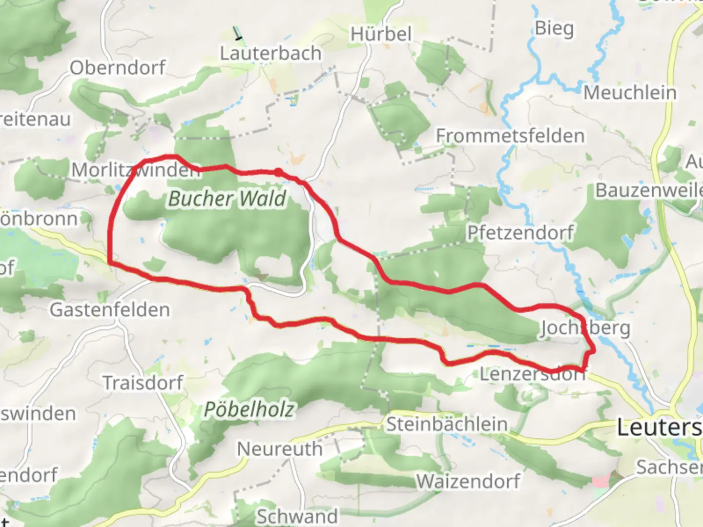 An image depicting the trail Bucher Wald and Jochsberg Loop and its surrounding area.