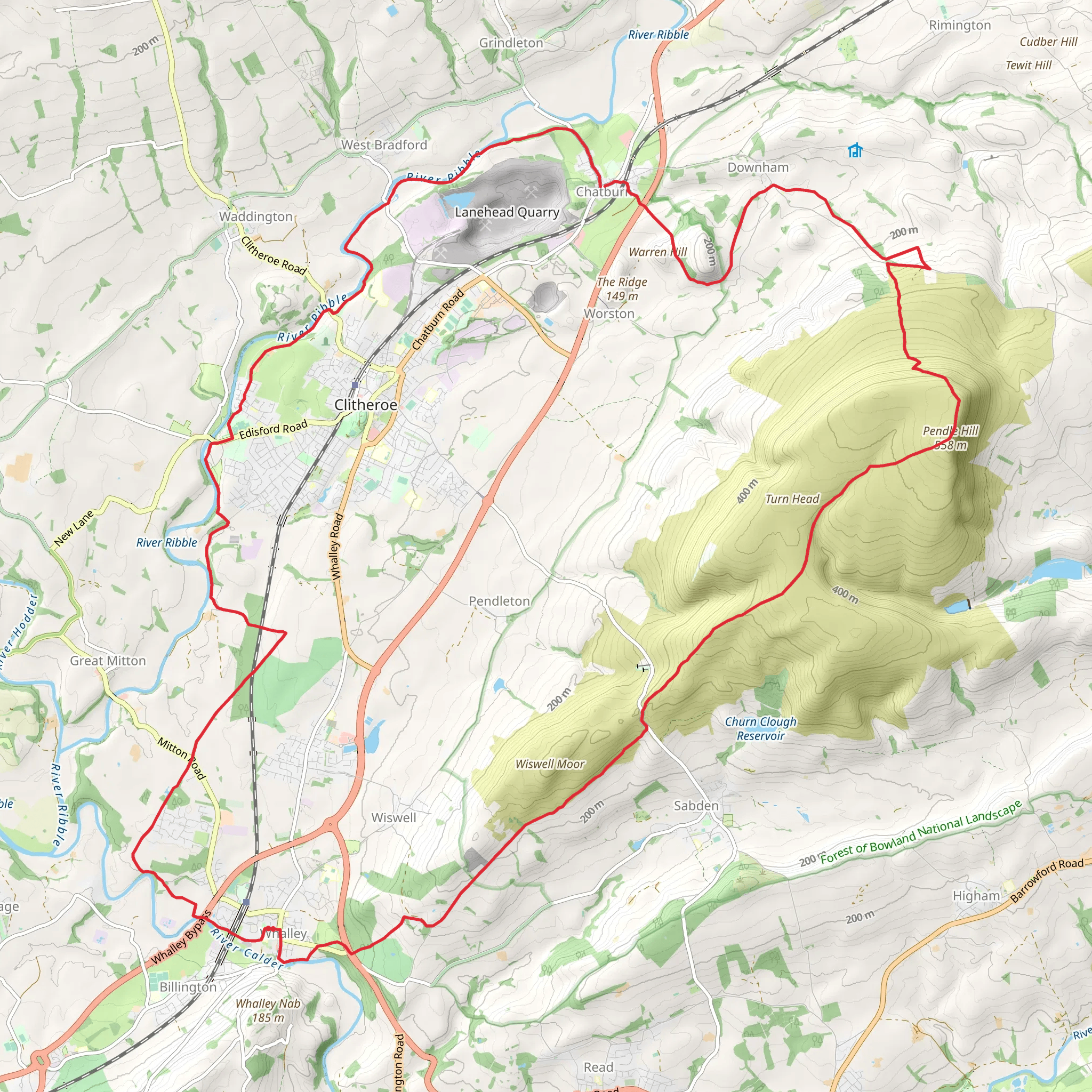 Pendle and Ribble Loop from Whalley mobile static map