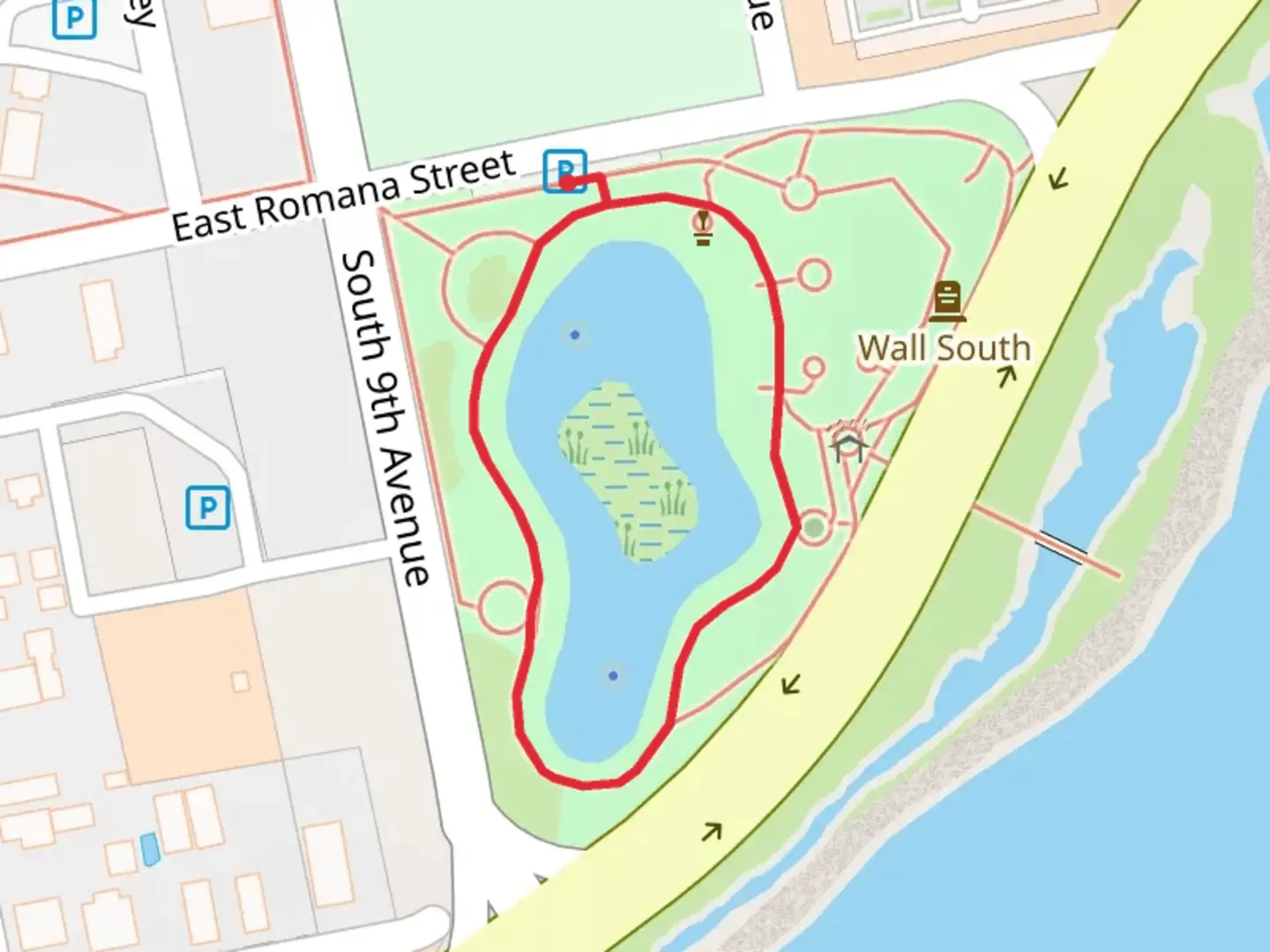 An image depicting the trail Veterans Memorial Park Loop and its surrounding area.