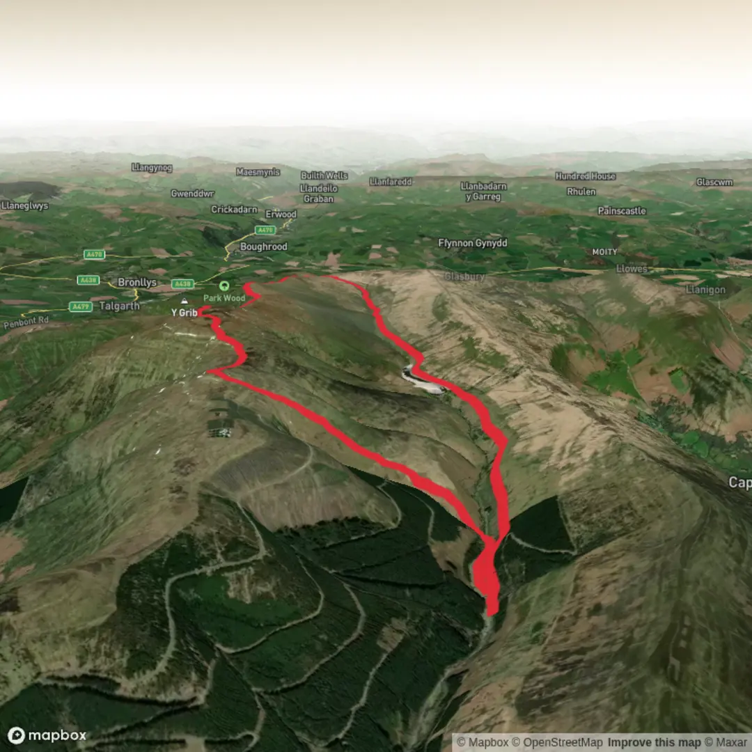 An image depicting the trail Forest Coal Pit, Grwyne Fawr Reservoir, Waun Fach and Pen Y Gadair Fawr and its surrounding area.