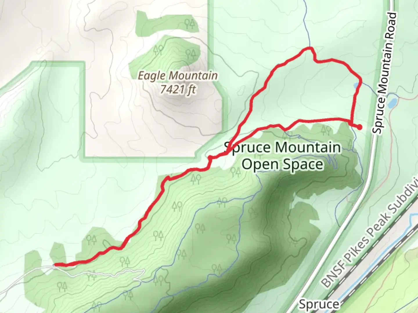 An image depicting the trail Spruce Mountain Open Space Loop and its surrounding area.