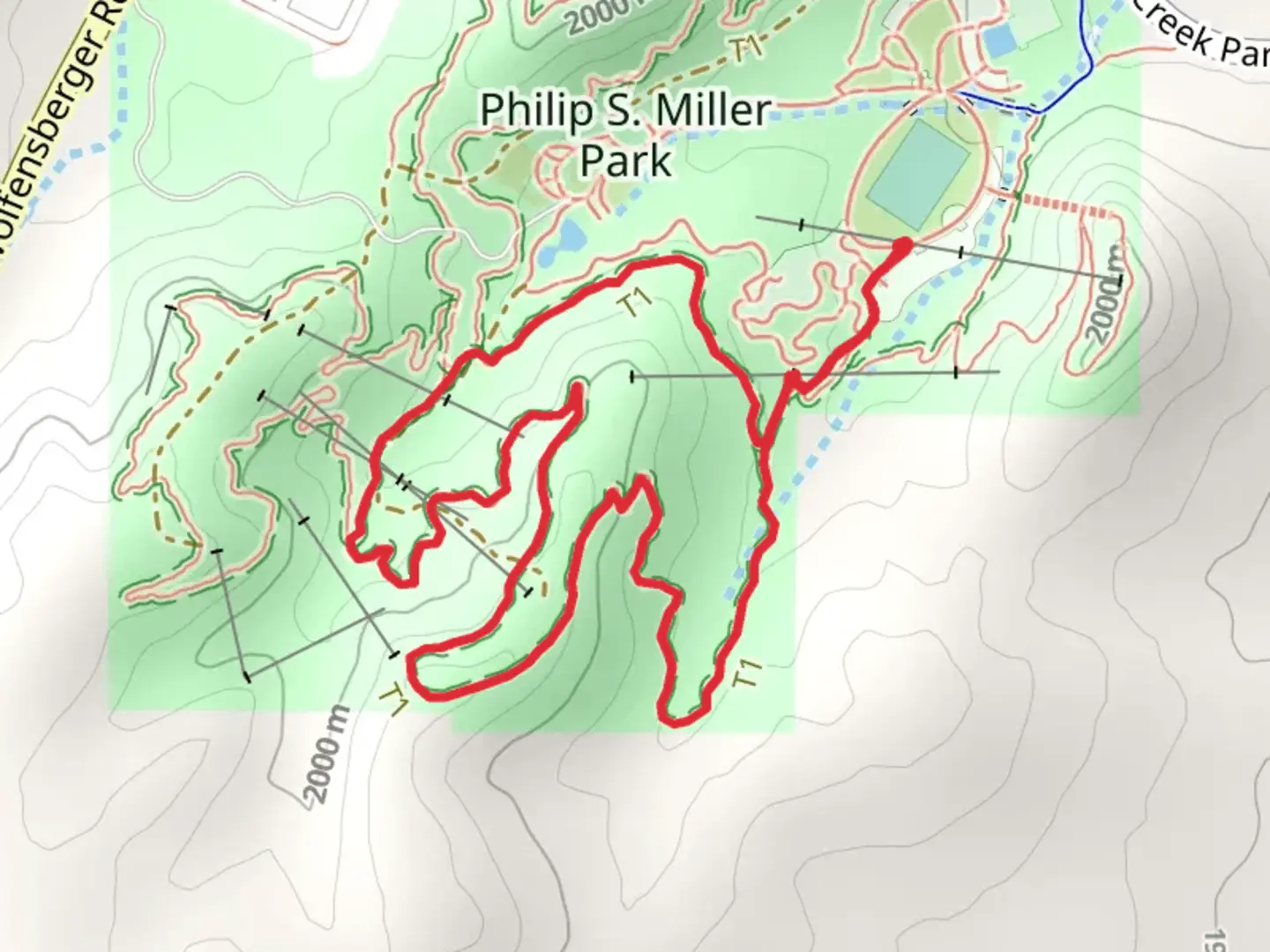 An image depicting the trail Red Loop and Access Trail and its surrounding area.