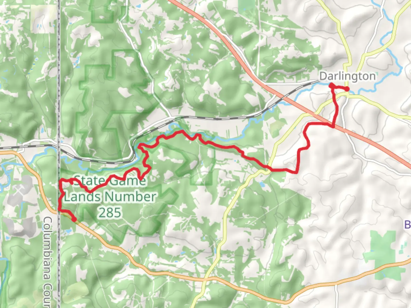 An image depicting the trail Booth Hill to Darlington Trail from Achor and its surrounding area.