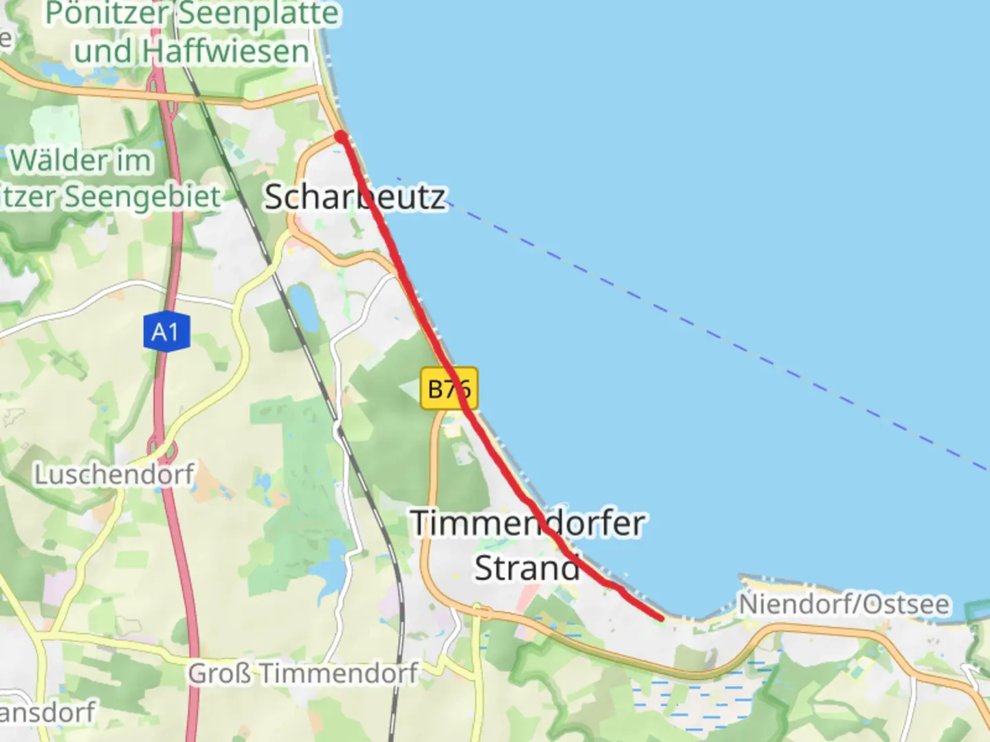 An image depicting the trail Strandpromenade Out and Back and its surrounding area.