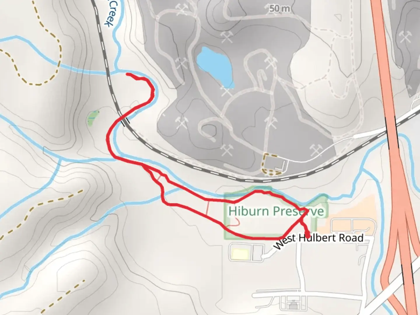 An image depicting the trail Goldsborugh Creek Trail and Hilburn Reserve Loop Trail and its surrounding area.