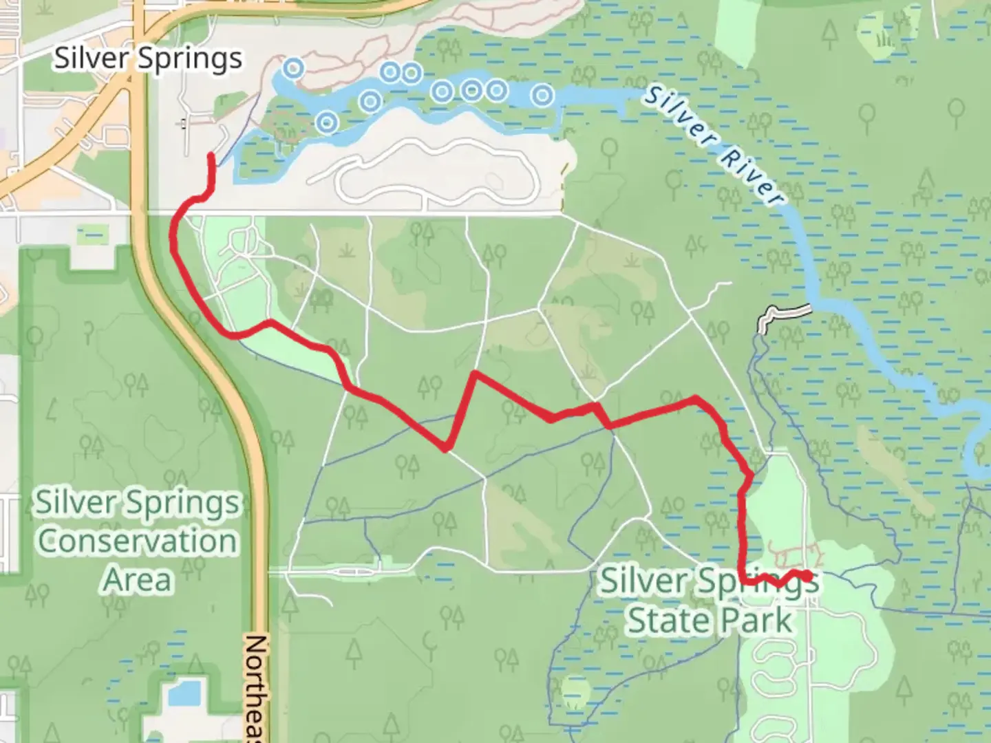An image depicting the trail Silver Spring Out and Back and its surrounding area.