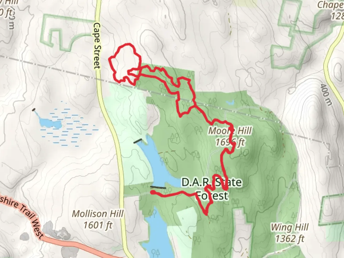 An image depicting the trail Moore Hill Loop in D A R State Forest and its surrounding area.