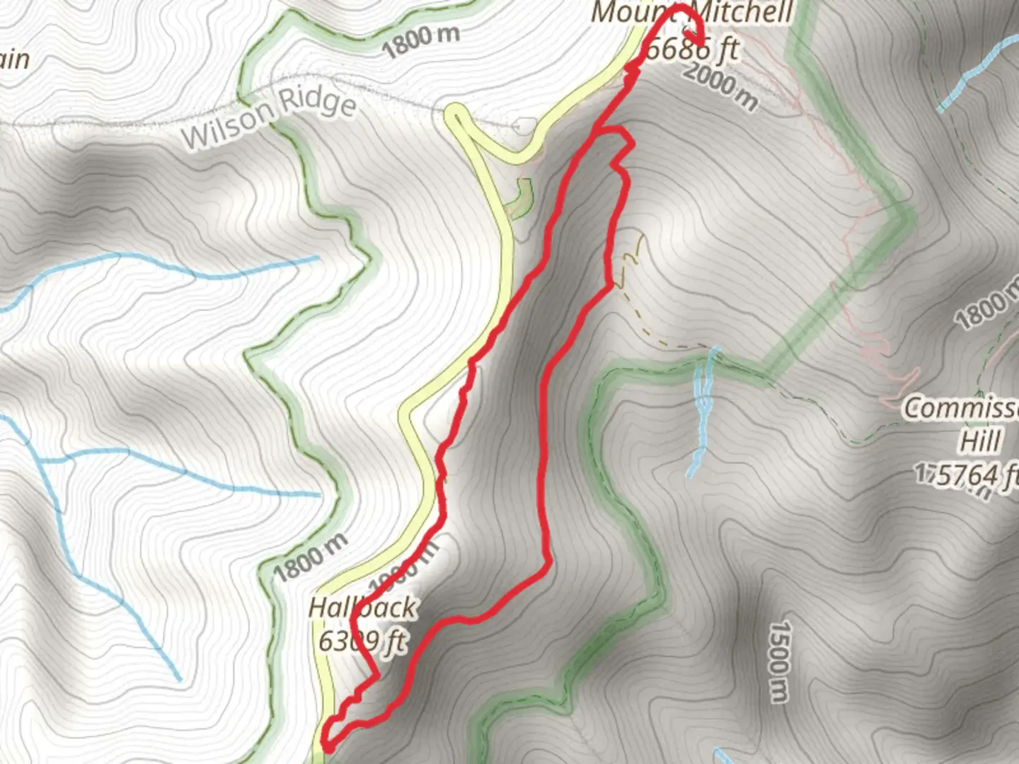 An image depicting the trail Hallback and Mount Mitchell Loop and its surrounding area.