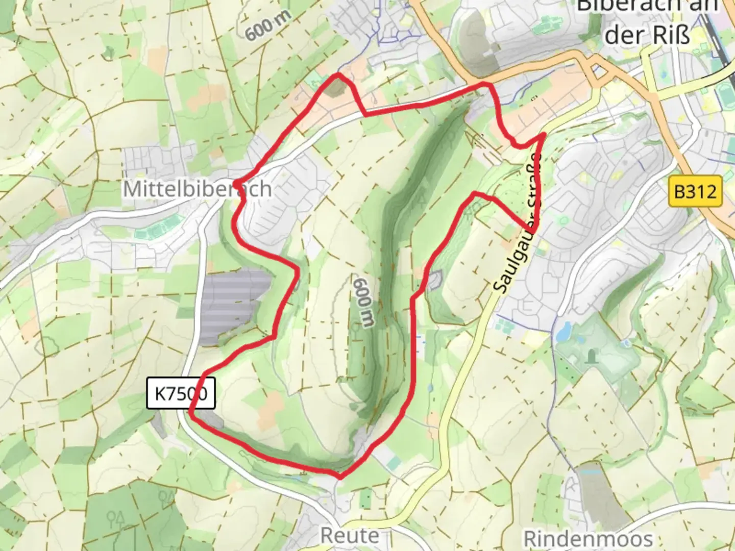 An image depicting the trail Mittelbiberach to Unterreute Loop and its surrounding area.