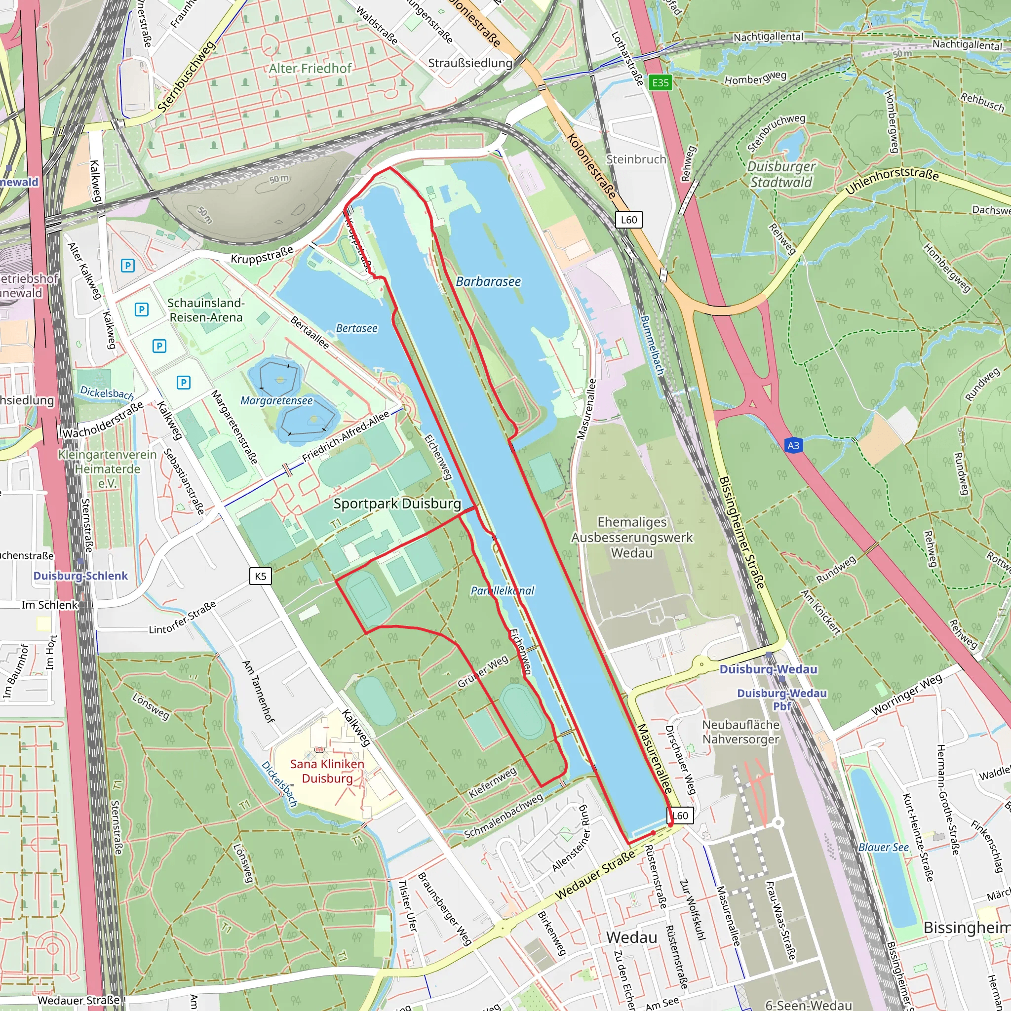 Wedau Regatta Course, Parallelkanal and Sportpark Duisburg Loop mobile static map