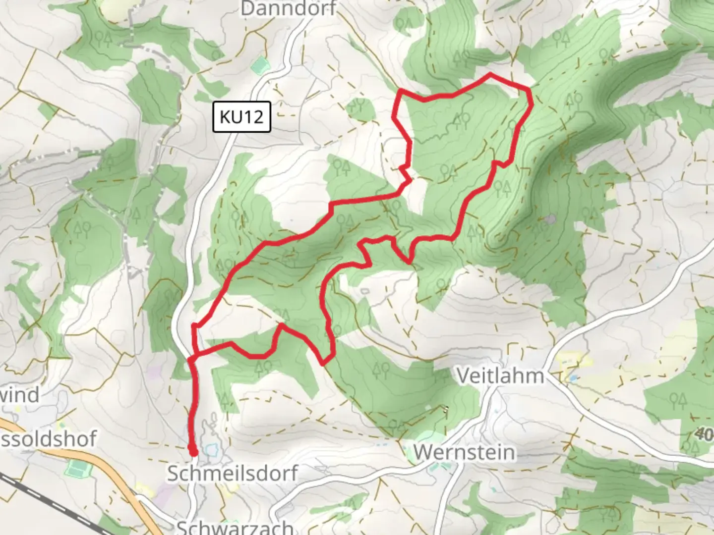 An image depicting the trail Ködnitzberg and Petersberg Loop and its surrounding area.
