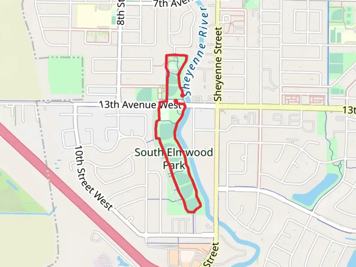 An image depicting the trail South and North ELmwood Park Loop and its surrounding area.