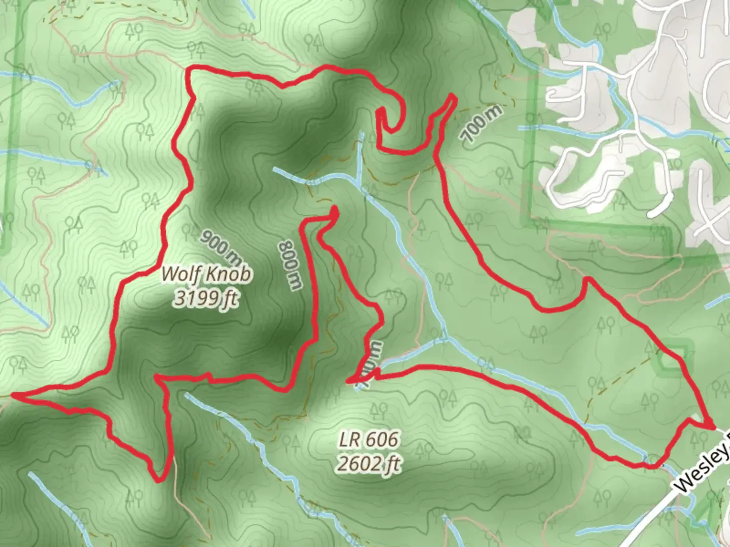 An image depicting the trail Ingles Field Gap, Wolf Branch Trail and Rice Pinnacle Road Loop and its surrounding area.