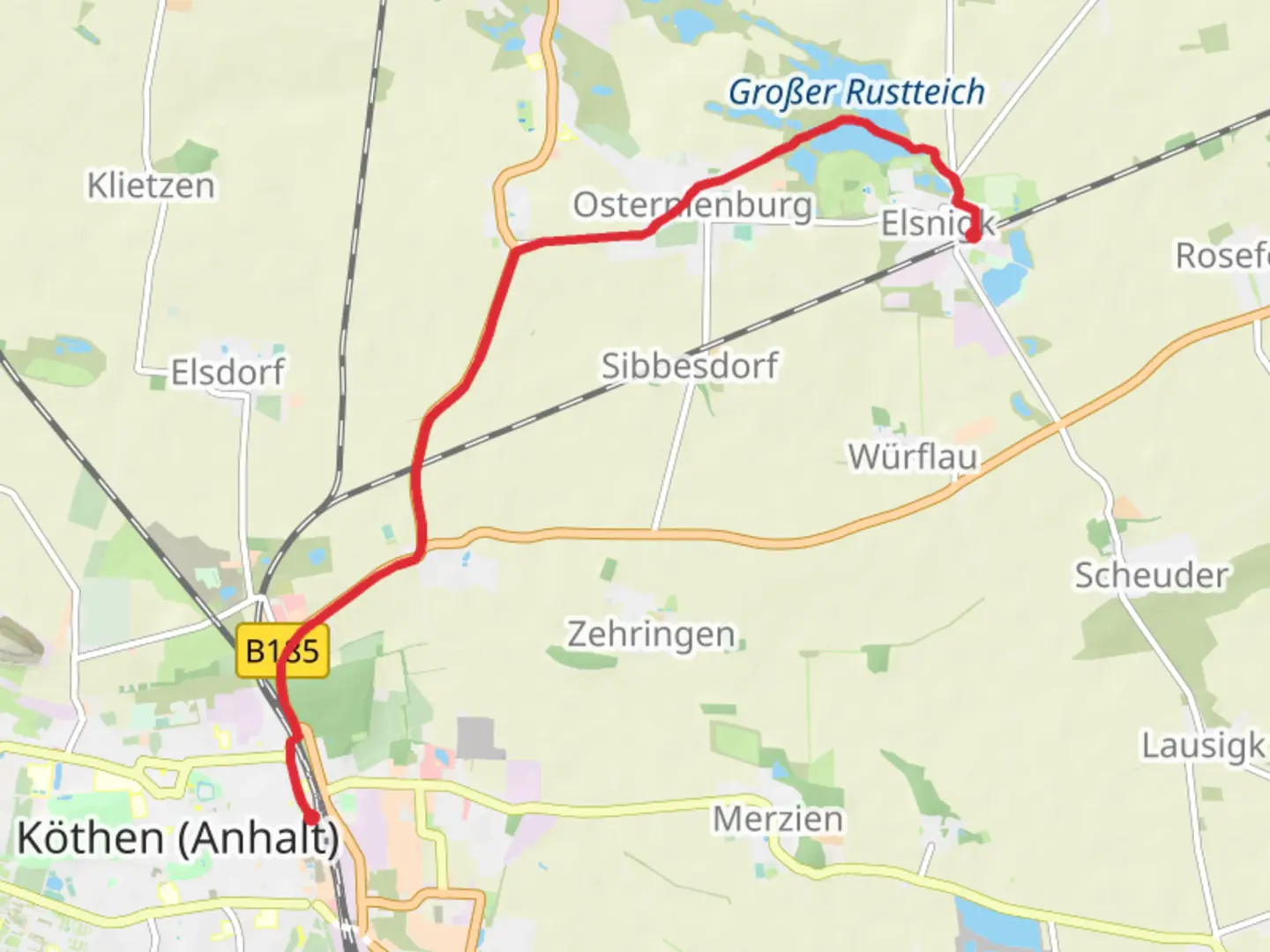 An image depicting the trail Kothen to Elsnigh Walk via Kleiner Rustteich and its surrounding area.