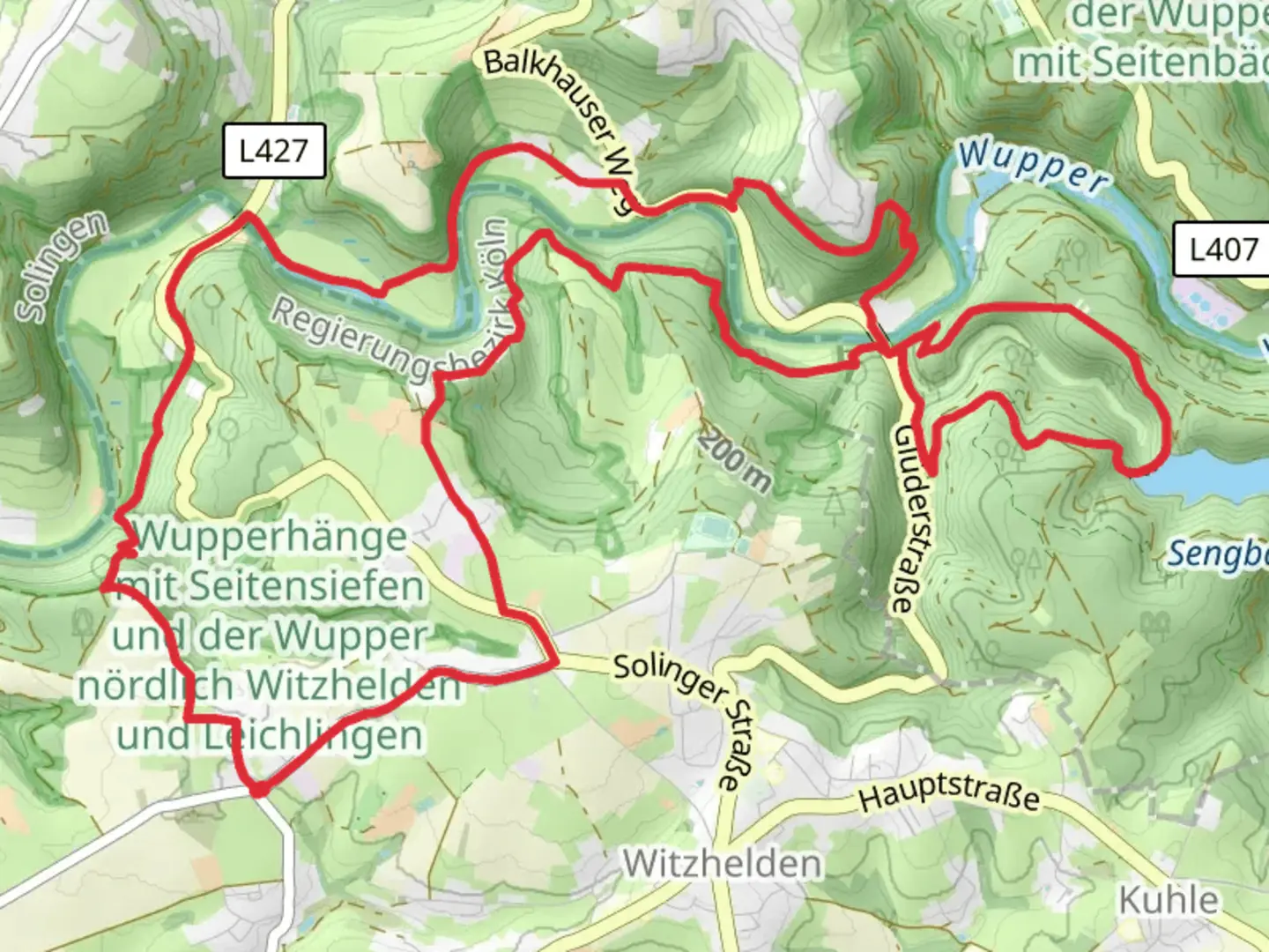 An image depicting the trail Orth to Pfaffenberg Loop via Wupper and its surrounding area.