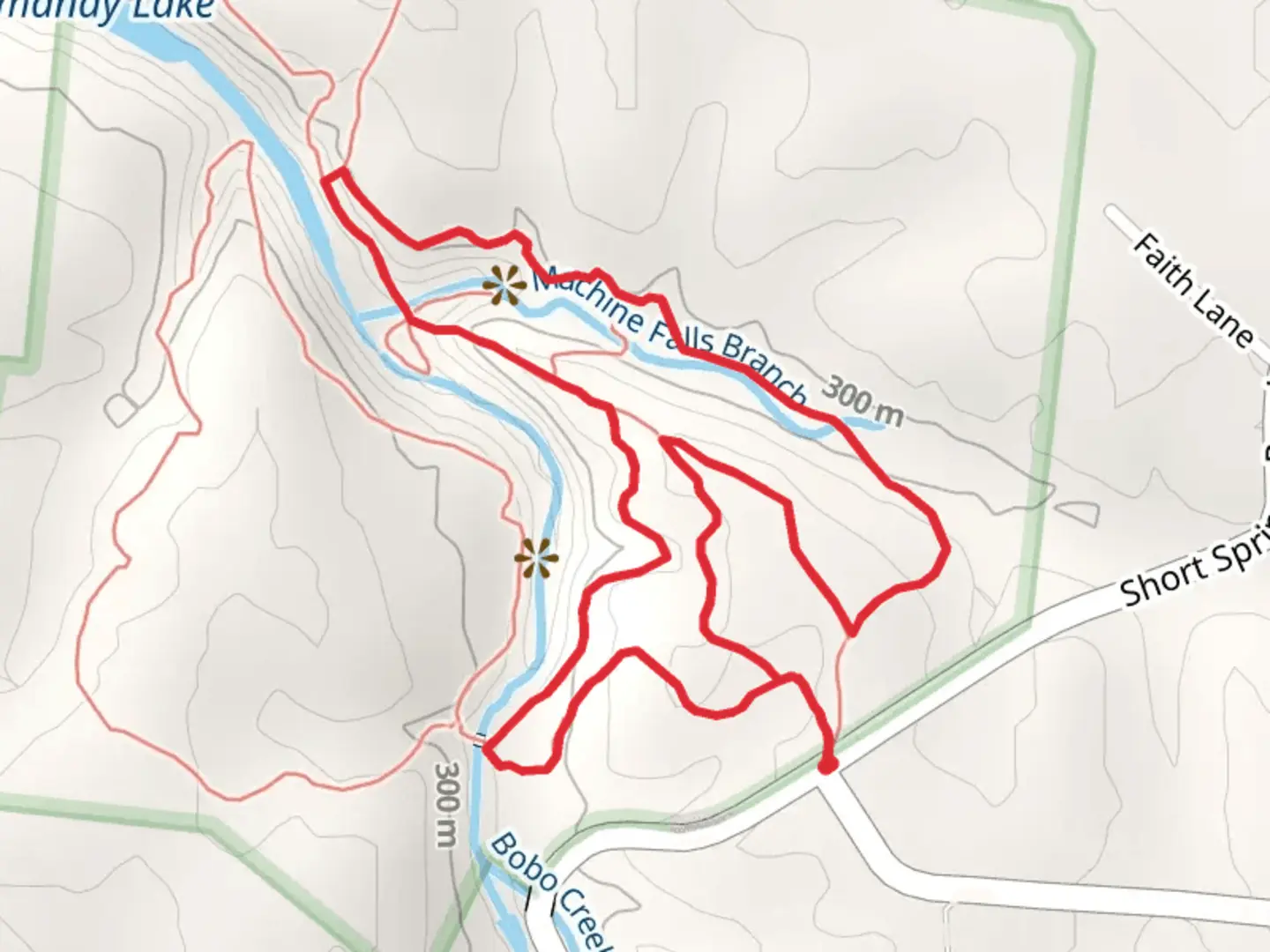 An image depicting the trail Bobo Creek Trail and Machine Falls Loop Trail White and its surrounding area.