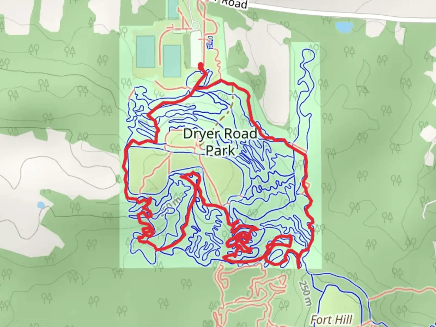 An image depicting the trail Dryer Road Park Loop and its surrounding area.