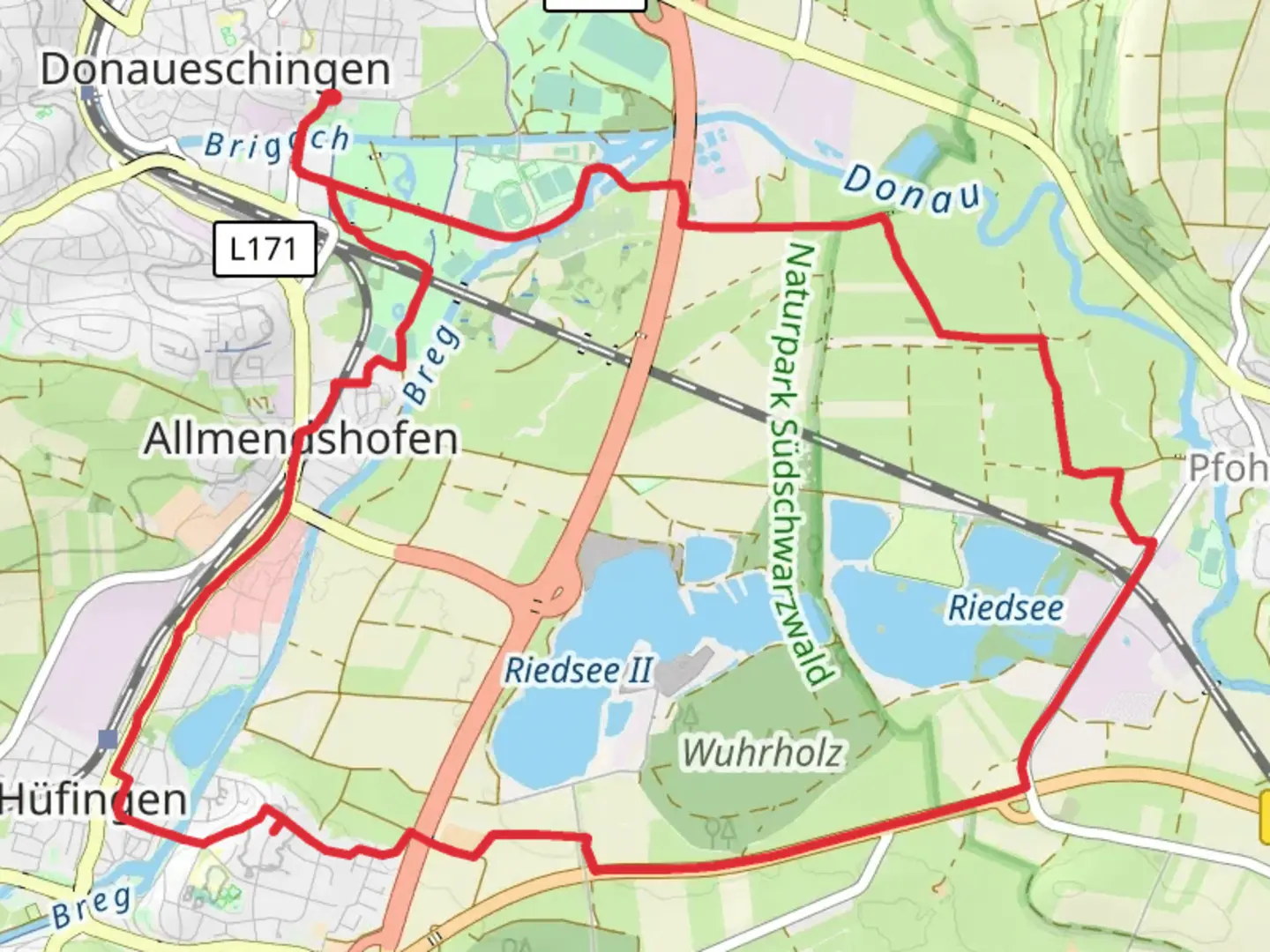 An image depicting the trail Donaueschingen Loop via Riedsee and its surrounding area.