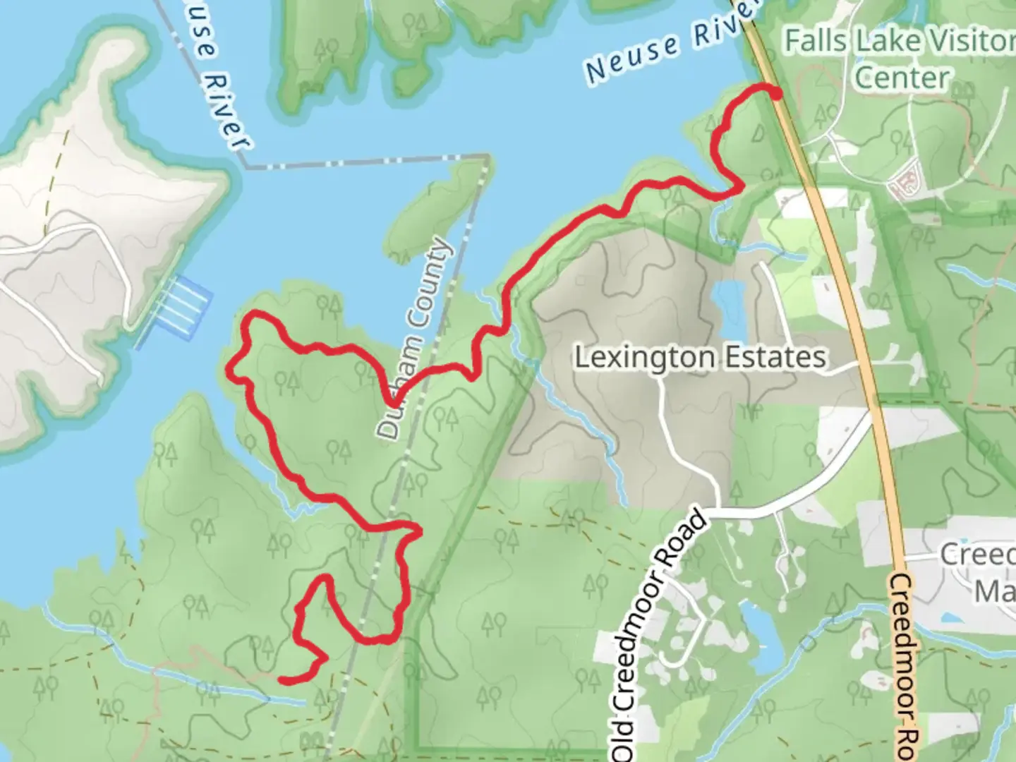 An image depicting the trail Falls Lake Trail - West from Creedmoor Road and its surrounding area.