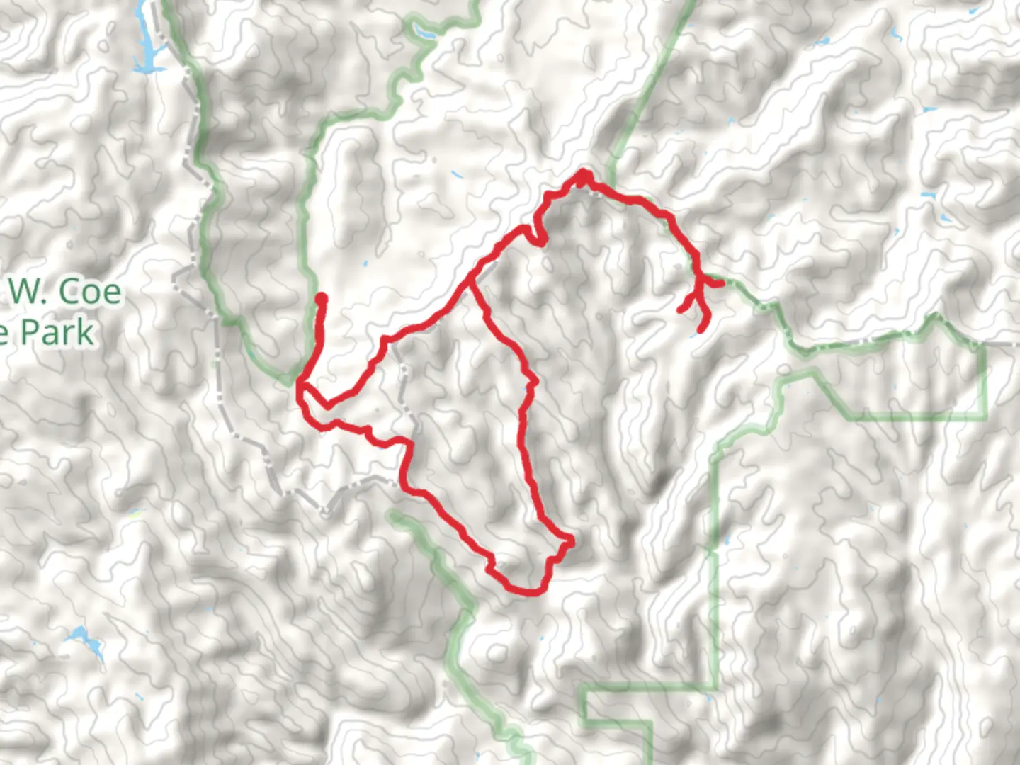 An image depicting the trail Mustang Peak, Raven Pond, Purple Pond and Dutch's Loop Trail and its surrounding area.