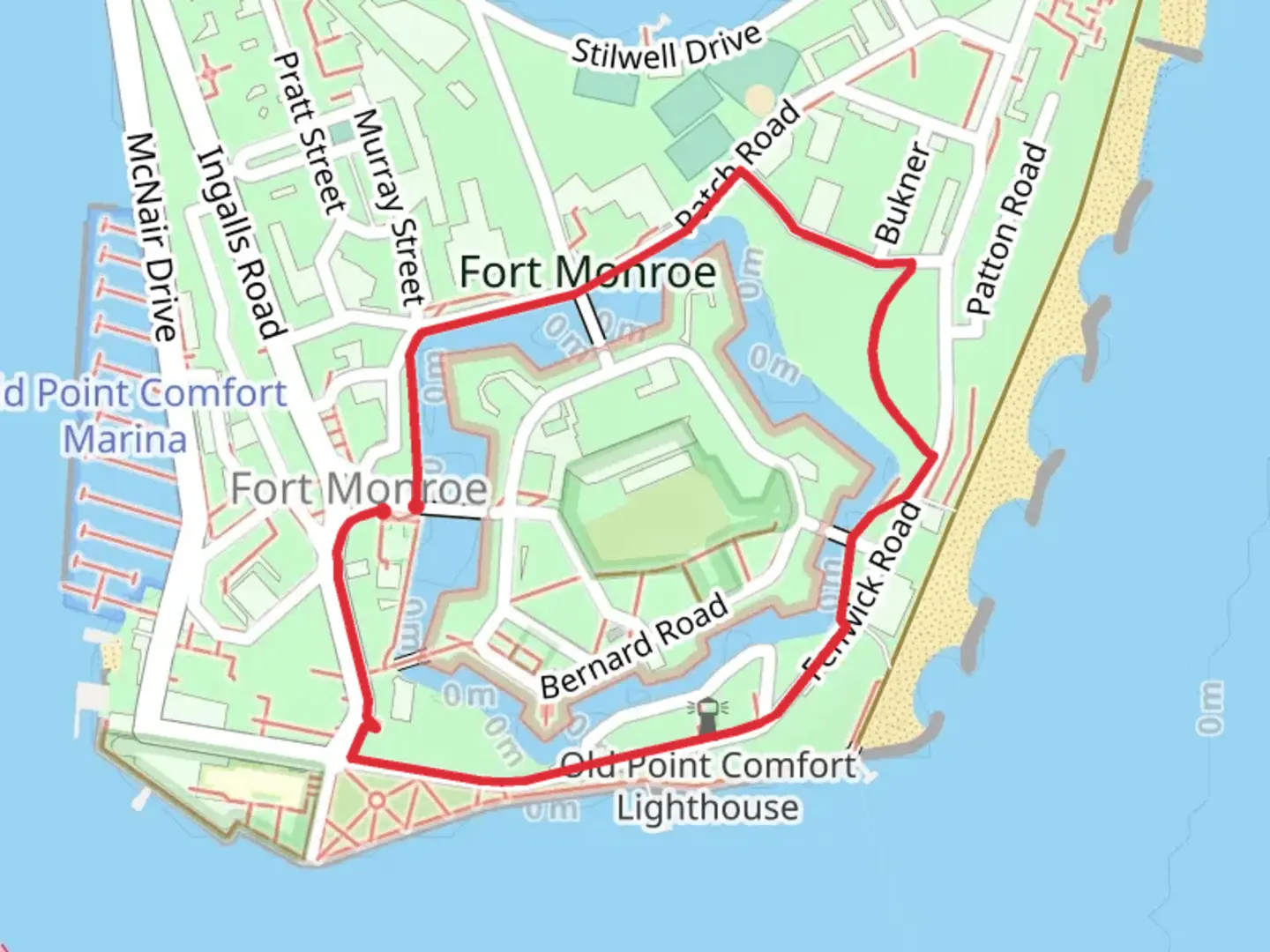 An image depicting the trail Fort Monroe and Engineers Fishing Pier Loop and its surrounding area.