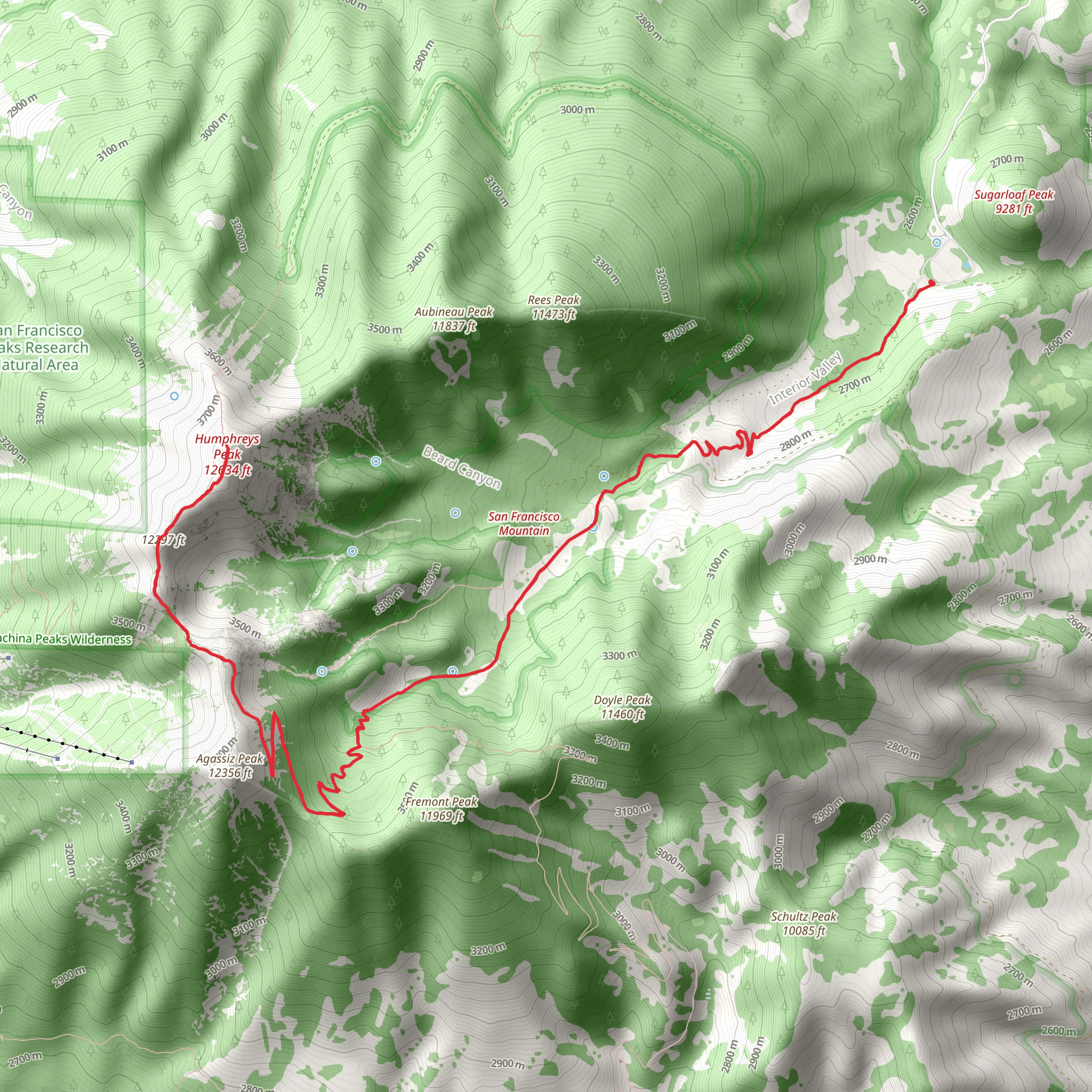 Humphreys Peak via Inner Basin Trail and Weatherford Trail mobile static map