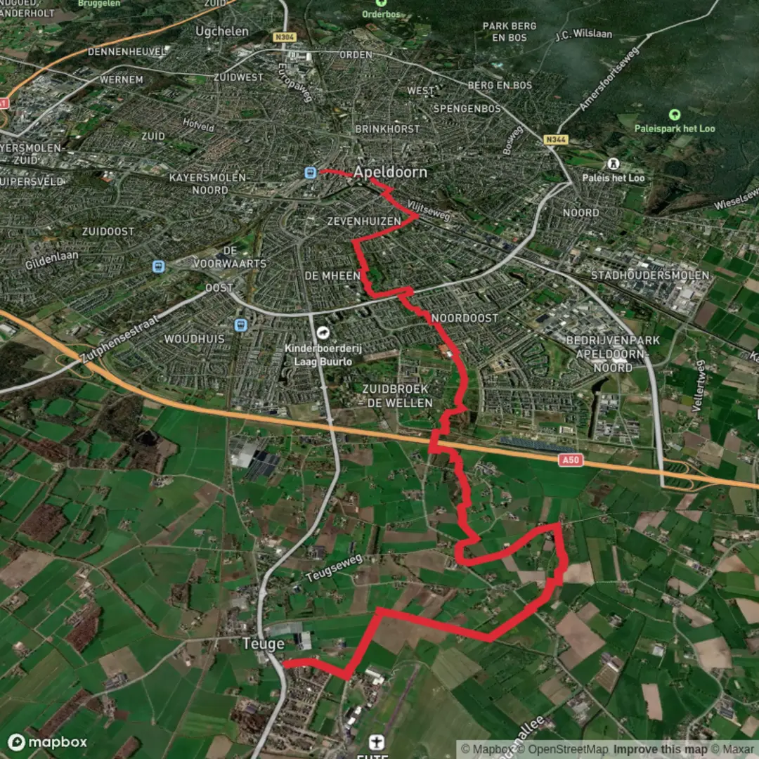 An image depicting the trail Teuge to Apeldoorn via Weteringsebroek Route and its surrounding area.